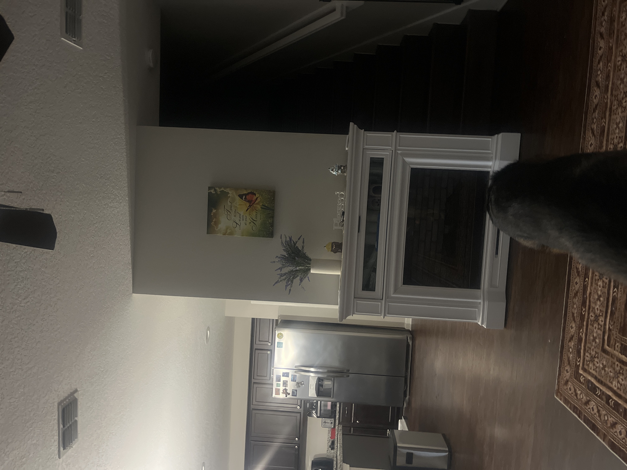 The image depicts an interior view of a residential living space. A dark-haired animal's back is visible in the foreground, partially obscuring a rug with a geometric pattern. To the right, a dark staircase ascends into shadow, with white banisters visible on the right side. In the center of the image, a white, ornate fireplace mantle is present, with a black grate within its opening. Above the mantle, a framed artwork featuring a butterfly and text is displayed on a light-colored wall. To the left of the mantle, a white vase holds a bouquet of lavender-like flowers, and a small, yellow decorative object sits beside it. Further to the left, a stainless steel refrigerator stands in a kitchen area with dark wood cabinets. A silver trash can is positioned near the refrigerator. The flooring throughout the visible areas is dark wood. Overhead, a white ceiling with textured finish is apparent, featuring air vents and recessed lighting. The scene is dimly lit, suggesting it may be evening or the room is not well-lit. The image does not provide any specific geographical indicators that would allow for its placement in Jacksonville, United States of America.