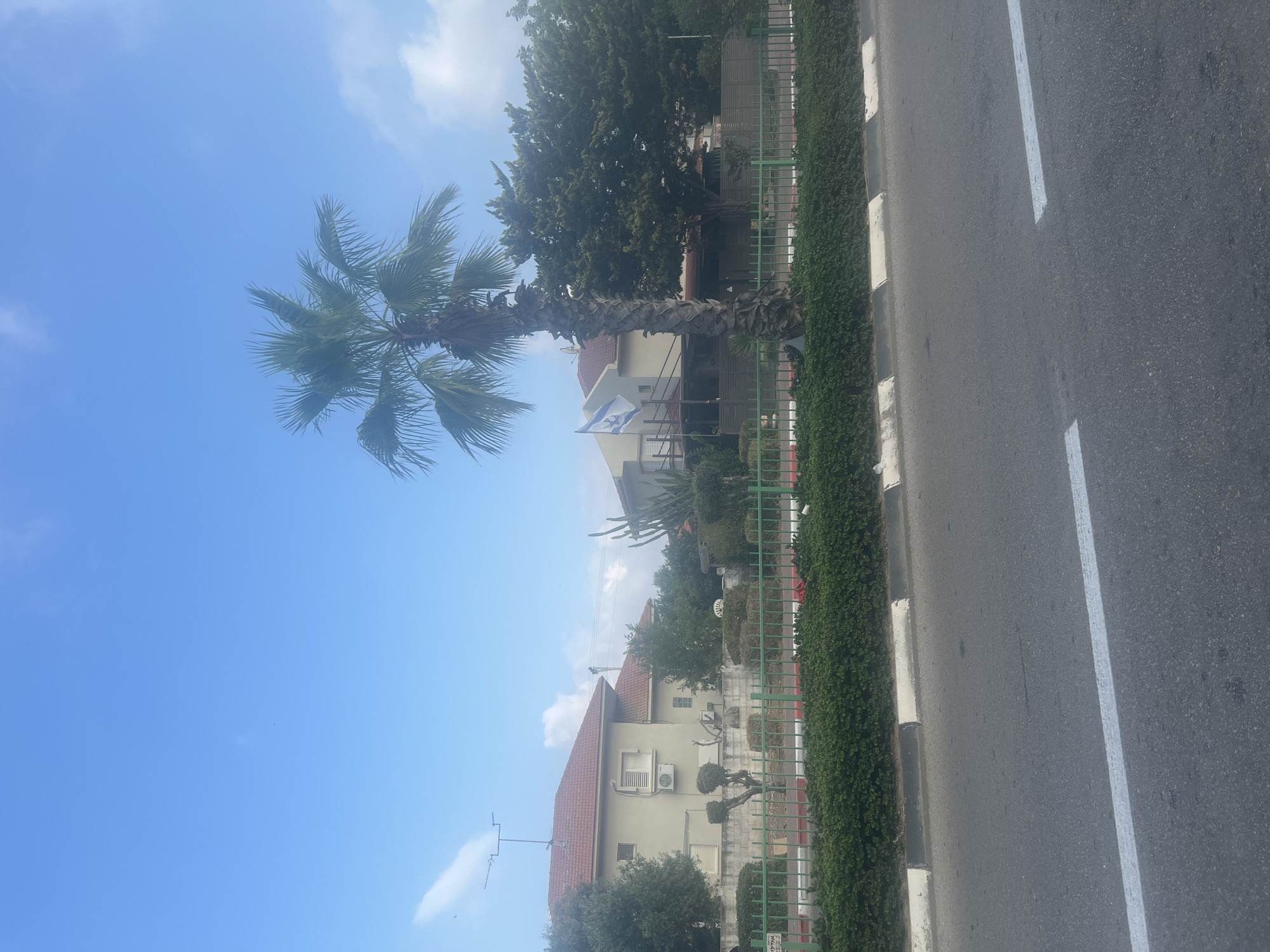 The image shows a street view in the city of Or Akiva, Israel. In the background, there are several residential buildings with red-tiled roofs and light-colored walls. A prominent palm tree stands in front of one of the houses. An Israeli flag is visible on a flagpole. A green fence separates the property from the sidewalk and the road in the foreground. The road has white markings. The sky is blue with scattered white clouds. The environment appears to be a suburban area.
