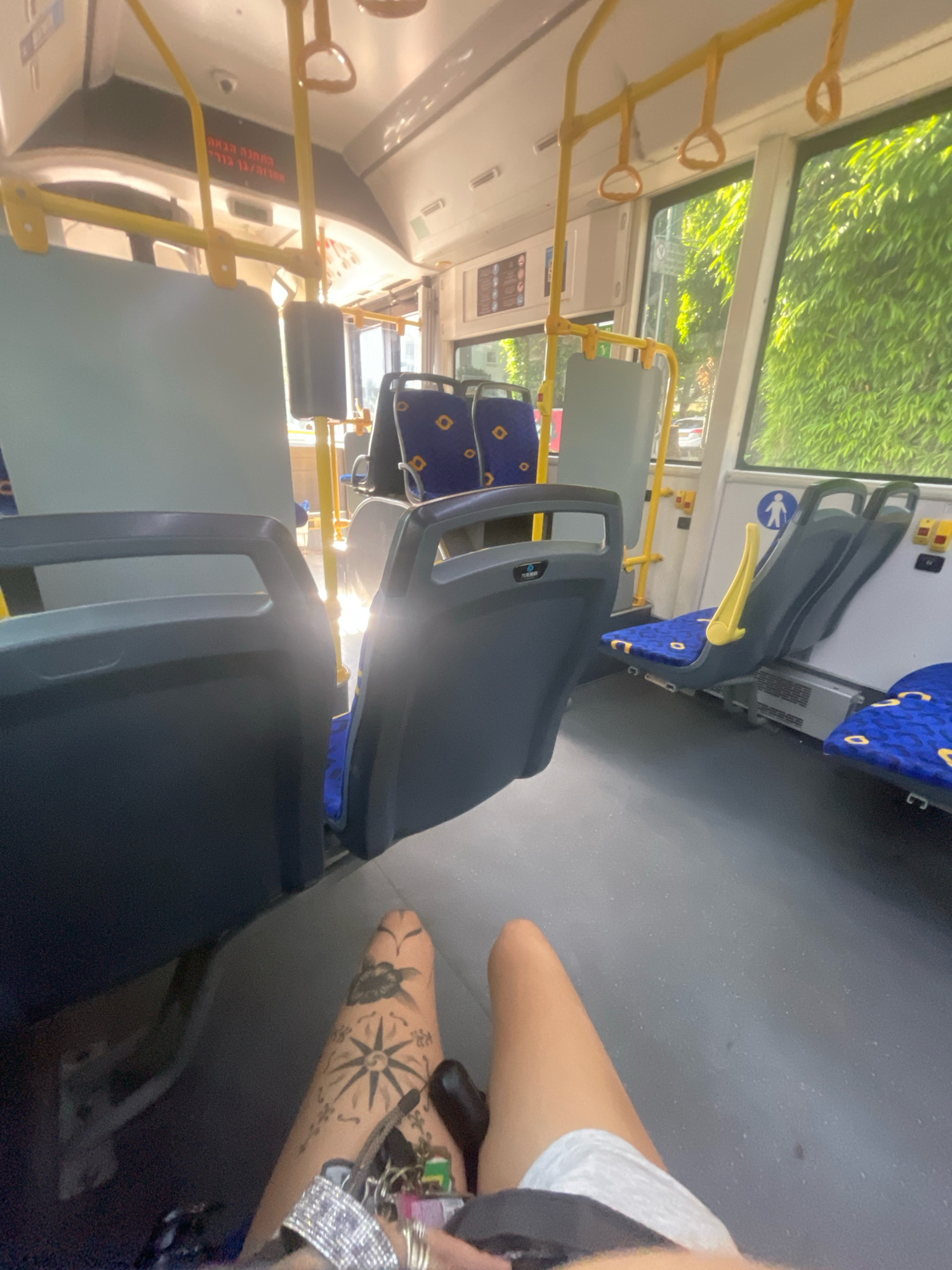The image captures the interior of a bus in Raanana, Israel, viewed from a low-angle perspective. The bus is equipped with blue and yellow seats, and yellow handrails are visible throughout the cabin. Sunlight streams through the windows, illuminating the aisle and casting bright reflections on the seats. The windows offer a view of lush green trees and foliage outside. In the foreground, a person's legs are visible, adorned with tattoos on the thigh. The person is holding a set of keys and a small green object. The overall scene suggests a typical bus journey on a bright day.