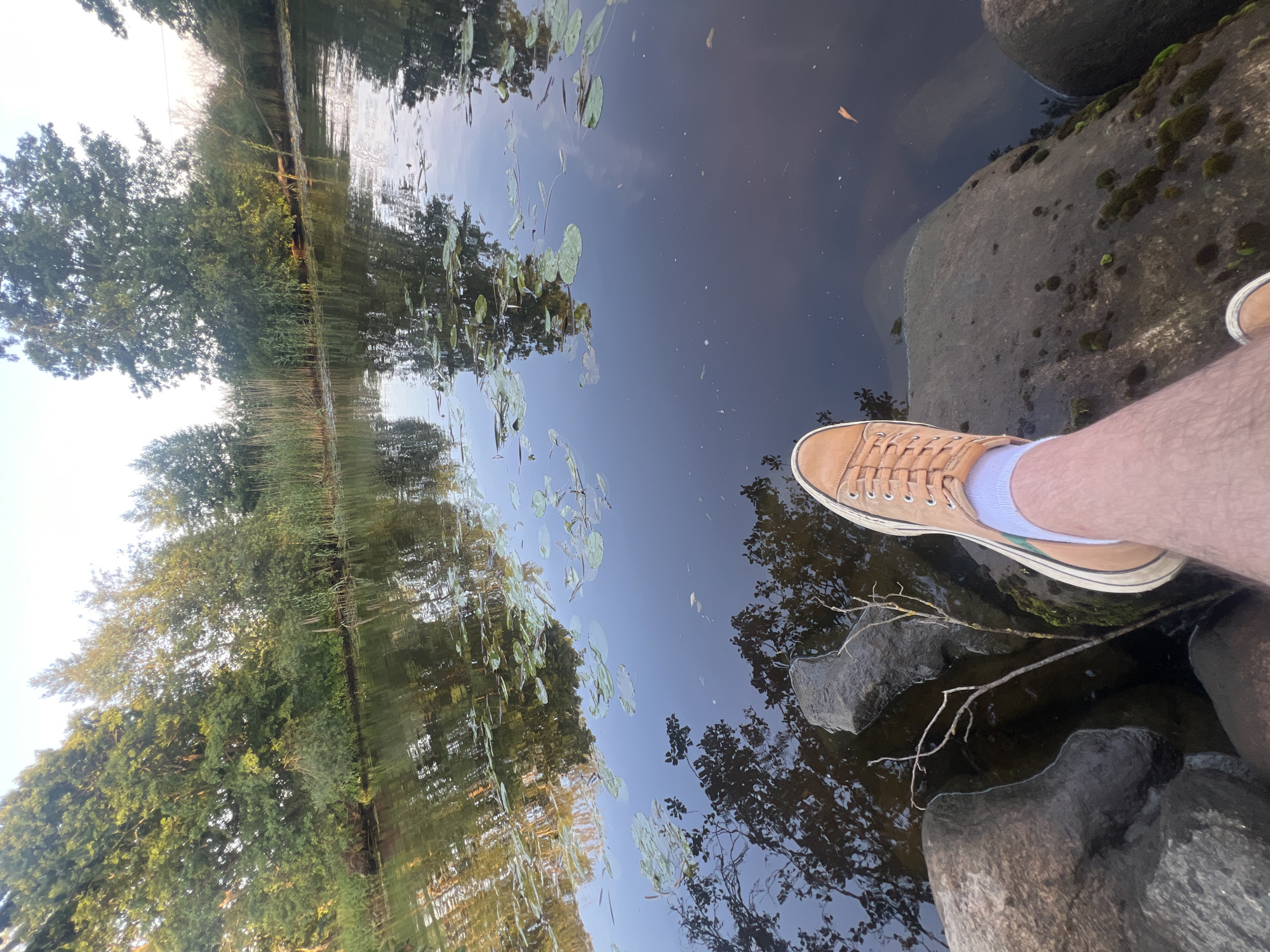 A first-person perspective shot shows a person's leg and foot wearing a tan sneaker and a white sock, resting on large rocks next to a dark body of water. The water is still and reflects the surrounding trees and sky. Lily pads are scattered across the surface of the water. The background features lush green trees and reeds lining the water's edge under a bright, clear sky. This scene is located in Šyša, Lithuania.
