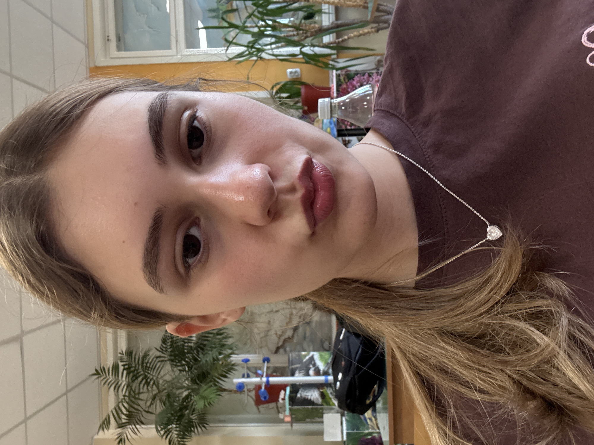 A young woman with light brown hair is centered in the frame, facing the camera with a slight duck-like expression. She has fair skin, dark eyes, and is wearing a thin silver necklace with a heart pendant. She is wearing a brown t-shirt.
The background is a blurred interior scene. A window with white frames is visible at the top, with some green plants and other decorative objects in front of it. At the bottom of the frame, more green plants are visible along with a table with various items including a black backpack, a colorful toy, and some books or pictures.
The location of Panagyurishte, Bulgaria is not discernible from the visual information.
