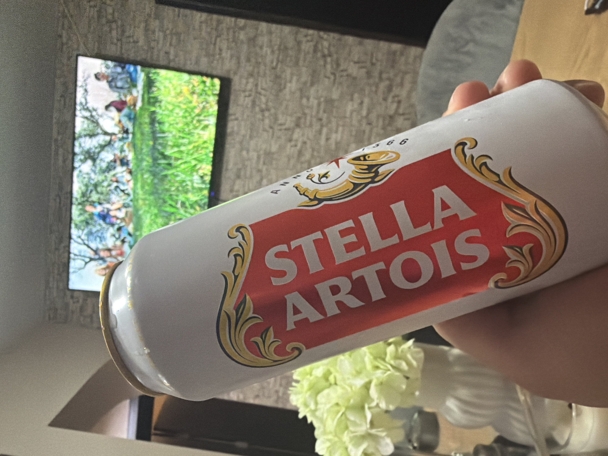 The image displays a close-up of a hand holding a white Stella Artois beer can, suggesting an indoor setting in Shumen, Bulgaria. The can is prominently branded with the red and gold Stella Artois logo, featuring the text "STELLA ARTOIS" and "ANNU 1366". Small droplets of condensation are visible on the can's surface, indicating it is cold.
In the background, a television screen shows a colorful, albeit blurry, pastoral scene. This image, possibly a painting or a landscape video, depicts people relaxing outdoors amidst green grass and trees. The wall behind the television has a textured, possibly brick-like or stone-patterned, light gray finish. To the lower right of the can, a white ceramic vase filled with light green artificial flowers, likely hydrangeas, is visible on a surface. The scene portrays a casual moment of relaxation indoors.