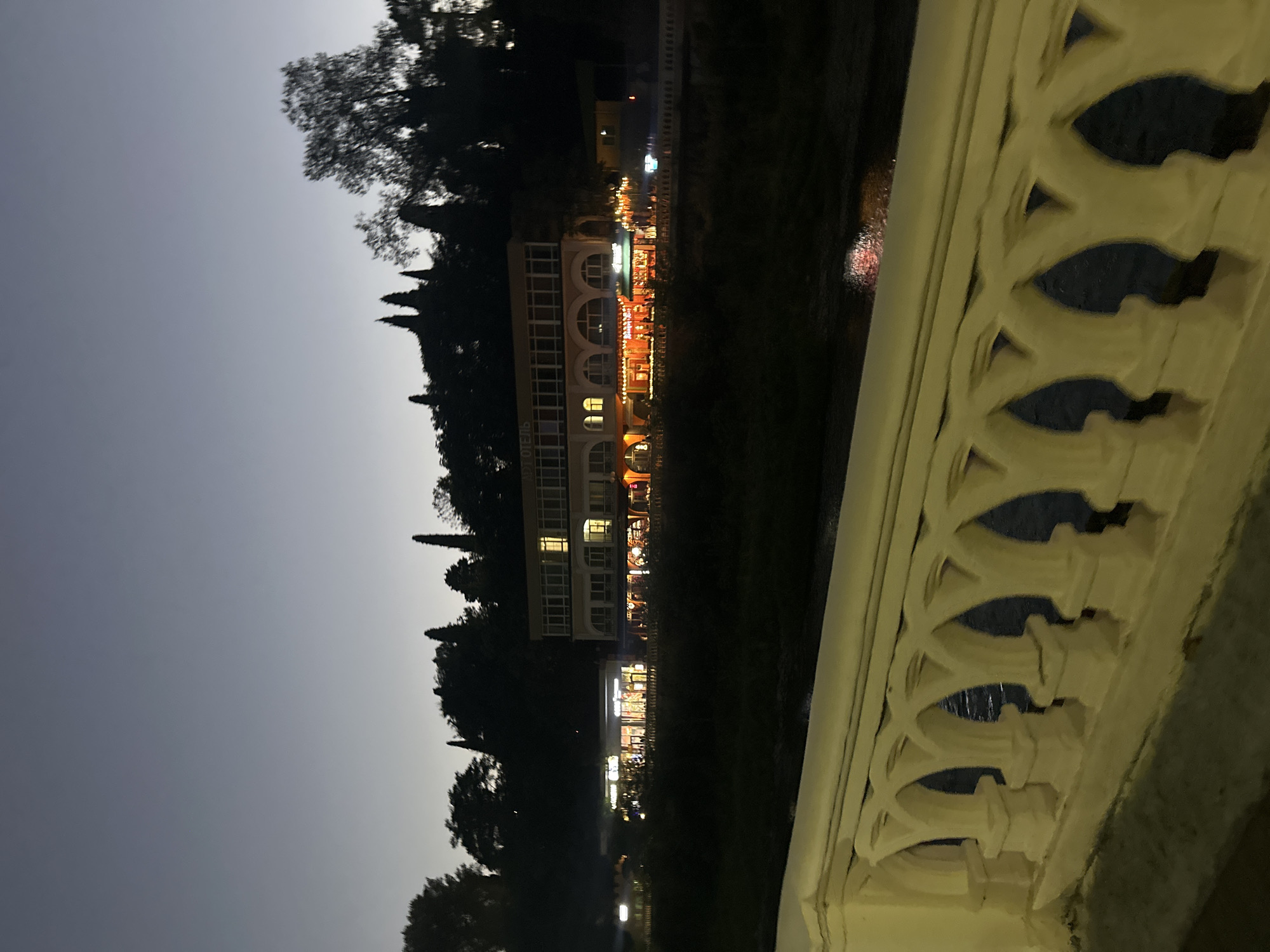 An image taken at dusk shows the embankment of the city of Sochi, Russia. In the foreground, there is a light-colored ornate balustrade of a bridge or promenade, with arched openings. Beyond the balustrade, a dark river flows, reflecting some red lights. Across the river, a multi-story building is visible with lit windows, suggesting it is a hotel or restaurant. The building has a light facade and arched ground-floor openings. In front of the building, there are illuminated signs and outdoor seating areas, indicating active businesses. A line of trees, including tall cypress trees, forms a dark silhouette against the twilight sky. The sky is a gradient of dark blue to lighter blue, with no visible stars or moon. The overall scene depicts a lively embankment area in Sochi at the end of the day.