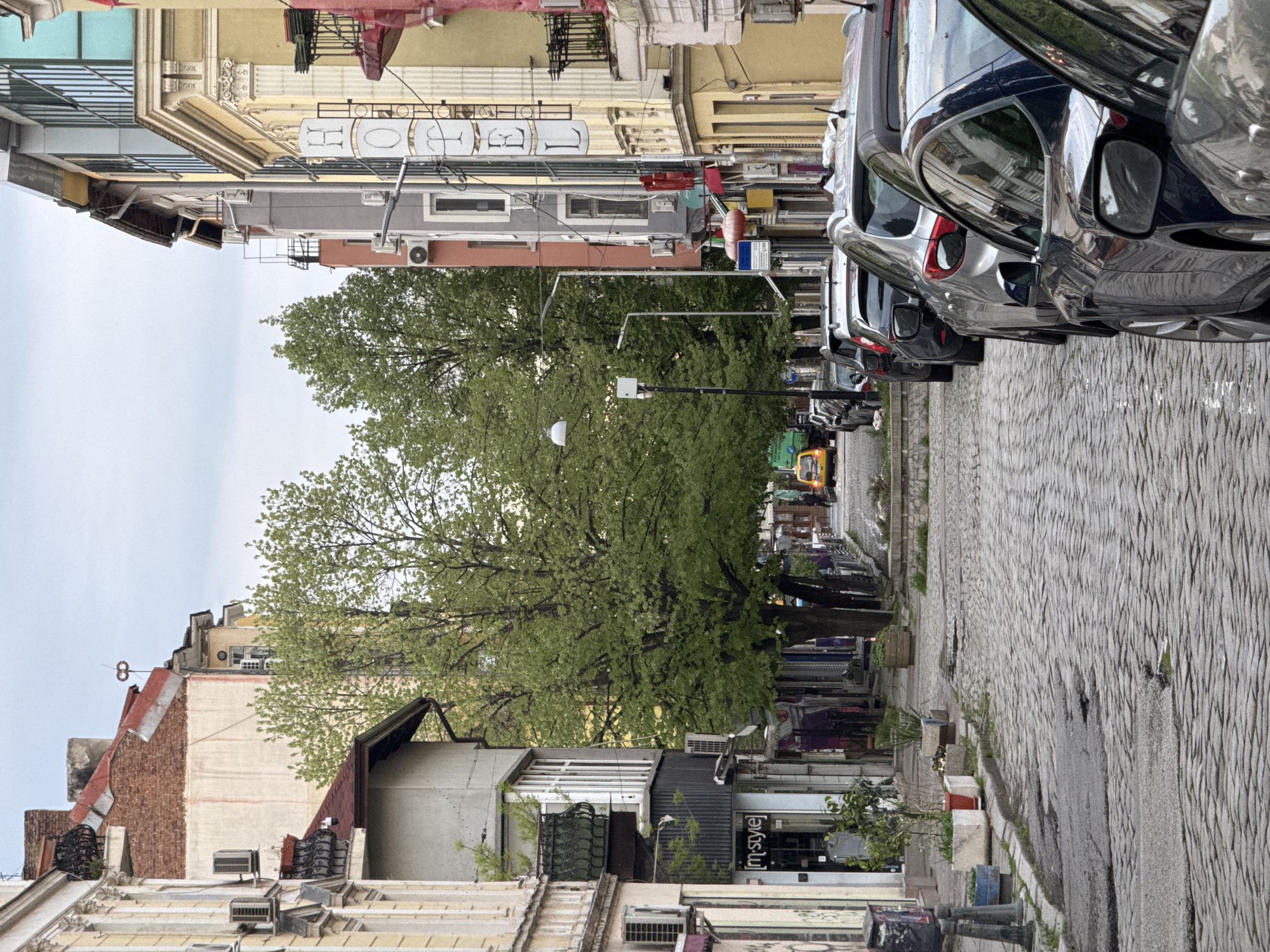 This image depicts an urban street scene in Sofia, Bulgaria, under a soft, overcast daytime sky. A cobblestone street, varying in shades of grey and brown, extends into the background, flanked by buildings and large trees.
On the left side, multi-story buildings showcase a blend of architectural styles. One building, with ornate cornices and balconies, prominently features a circular white sign with dark lettering that clearly spells "HOTEL", indicating a hospitality business. Further down, a shopfront displays the text "m.style". Numerous air conditioning units are visible on the building facades and rooftops, which are painted in diverse hues of yellow, grey, and red.
The right side of the street is lined with parked passenger cars, bumper-to-bumper. Their glossy surfaces reflect the surrounding urban environment and sky.
Dominating the central area of the street are several large trees with abundant, vibrant green foliage, suggesting the season is either spring or early summer. Streetlights on tall poles are interspersed among the trees and along the sidewalks, where potted plants also add touches of greenery. A small, yellow utility or construction vehicle can be partially seen further down the street.
The rooftops feature a mix of materials, including traditional red tiles and flat surfaces, equipped with various installations like more air conditioning units and antennas. The absence of people lends a quiet, everyday atmosphere to the scene, which combines historical urban elements with modern conveniences.