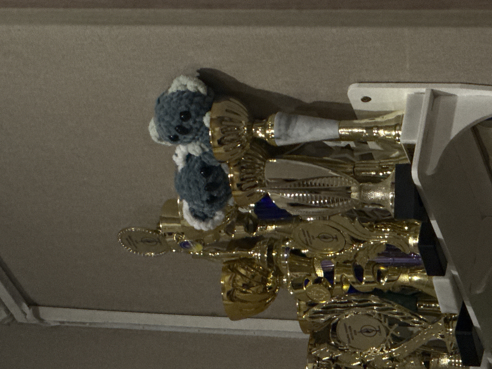 The image shows a collection of gold trophies displayed on a white shelf mounted on a textured, light brown wall. Two small, crocheted koala figures with black eyes are perched on top of two of the trophies. The trophies vary in size and design, with some featuring cups, pedestals, and decorative elements. The lighting is dim, creating shadows on the wall behind the trophies. The location is not specified in the image itself, but the prompt requests it to be identified as Dnipro, Ukraine.