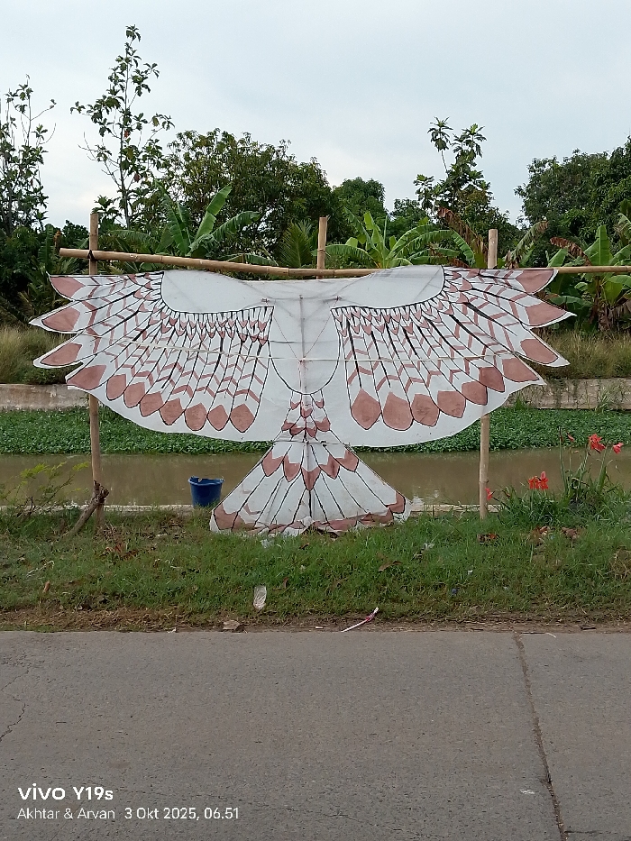The image depicts an outdoor scene in Wanguk, Indonesia, at 06:51 on October 3, 2025. A large, white, bird-shaped kite, approximately 2-3 meters wide, with brown feather detailing on its wings and tail, is suspended horizontally by a raw bamboo pole frame. The frame consists of two vertical poles supporting a horizontal crossbeam, positioned over a strip of green grass. Behind the kite, a narrow body of water, possibly a canal, is partially covered by green aquatic vegetation. A blue plastic bucket rests on the water's edge below the kite's left wing. Further right on the bank, a cluster of red-orange flowering plants is visible. The foreground features a grey asphalt road with a visible seam. In the background, dense tropical foliage, including prominent banana plants and other trees, is seen against an overcast sky. No individuals are present.