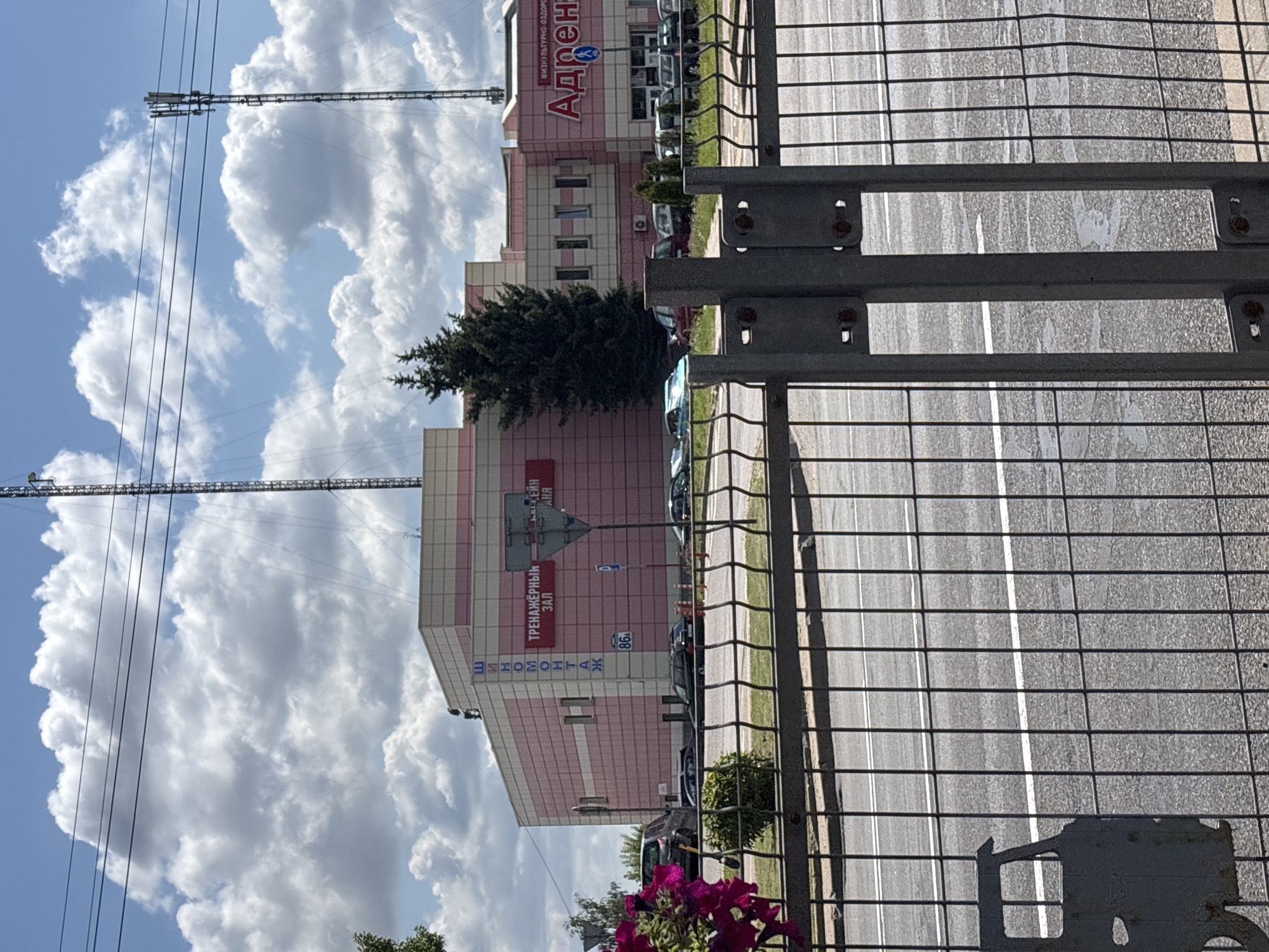 The image shows a modern, multi-story building with a pink and white facade. The building has large windows and signage, including "ТРЕНАЖЕРНЫЙ ЗАЛ" (Gym Hall) and "ФИЗКУЛЬТУРНО-ОЗДОРОВИТЕЛЬНЫЙ ЦЕНТР" (Physical Culture and Health Center) with the name "АДРЕНАЛИН" (Adrenalin). Two tall communication towers are visible in the background, against a sky with fluffy white clouds. In the foreground, there is a metal fence and some flowering plants. Several cars are parked in front of the building and on the street. A street sign with the number "86A" is also visible. The scene is set in an urban environment, likely a commercial or recreational area in Minsk, Belarus.