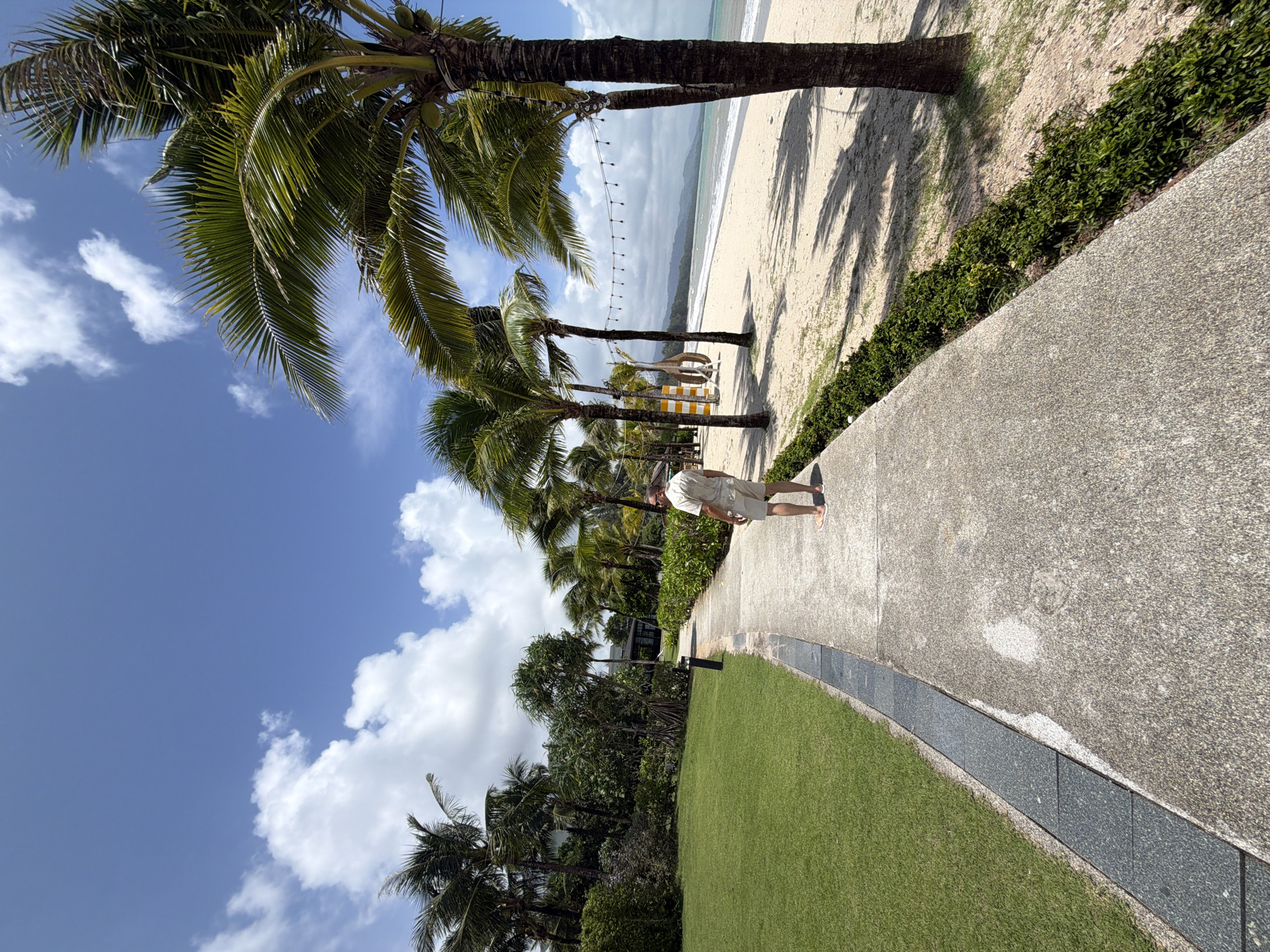 In Bang Muang, Thailand, a person is captured from behind, walking along a paved pathway. The pathway is bordered by a meticulously maintained green lawn on the left and a row of lush green bushes on the right. Beyond the bushes lies a sandy beach, leading to the ocean. The sky above is a bright blue, dotted with fluffy white clouds. Several palm trees are scattered throughout the scene, their fronds swaying gently. The overall environment suggests a serene and tropical resort setting.