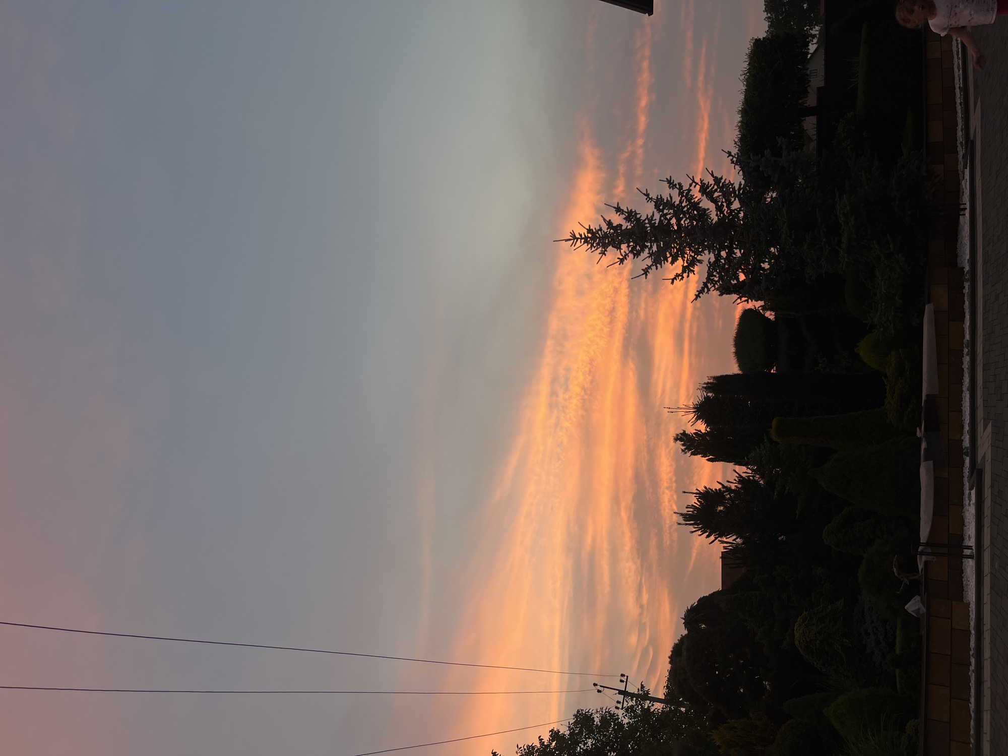 The image captures a serene sunset in Koroviia, Ukraine. The sky is a canvas of soft, gradient colors, transitioning from a pale blue at the top to warm hues of orange and pink as it meets the horizon. Wispy clouds, illuminated by the setting sun, stretch across the sky, creating a visually striking pattern.
In the foreground, silhouetted against the vibrant sky, is a lush green garden filled with various trees and manicured shrubs. The dark foliage creates a stark contrast with the bright sky, adding depth to the scene. On the right side of the image, a paved walkway is visible, with a brick wall bordering it. A small child, wearing a white and pink shirt, is partially visible on the walkway, their figure suggesting a playful or curious stance.
The overall mood of the image is peaceful and tranquil, evoking a sense of calm that often accompanies a sunset. The presence of the garden and the child hints at a domestic or residential setting, possibly a backyard or a garden area adjacent to a house. The time of day is clearly evening, as indicated by the sunset. There is no visible text in the image. The weather appears clear, allowing for an unobstructed view of the colorful sky.