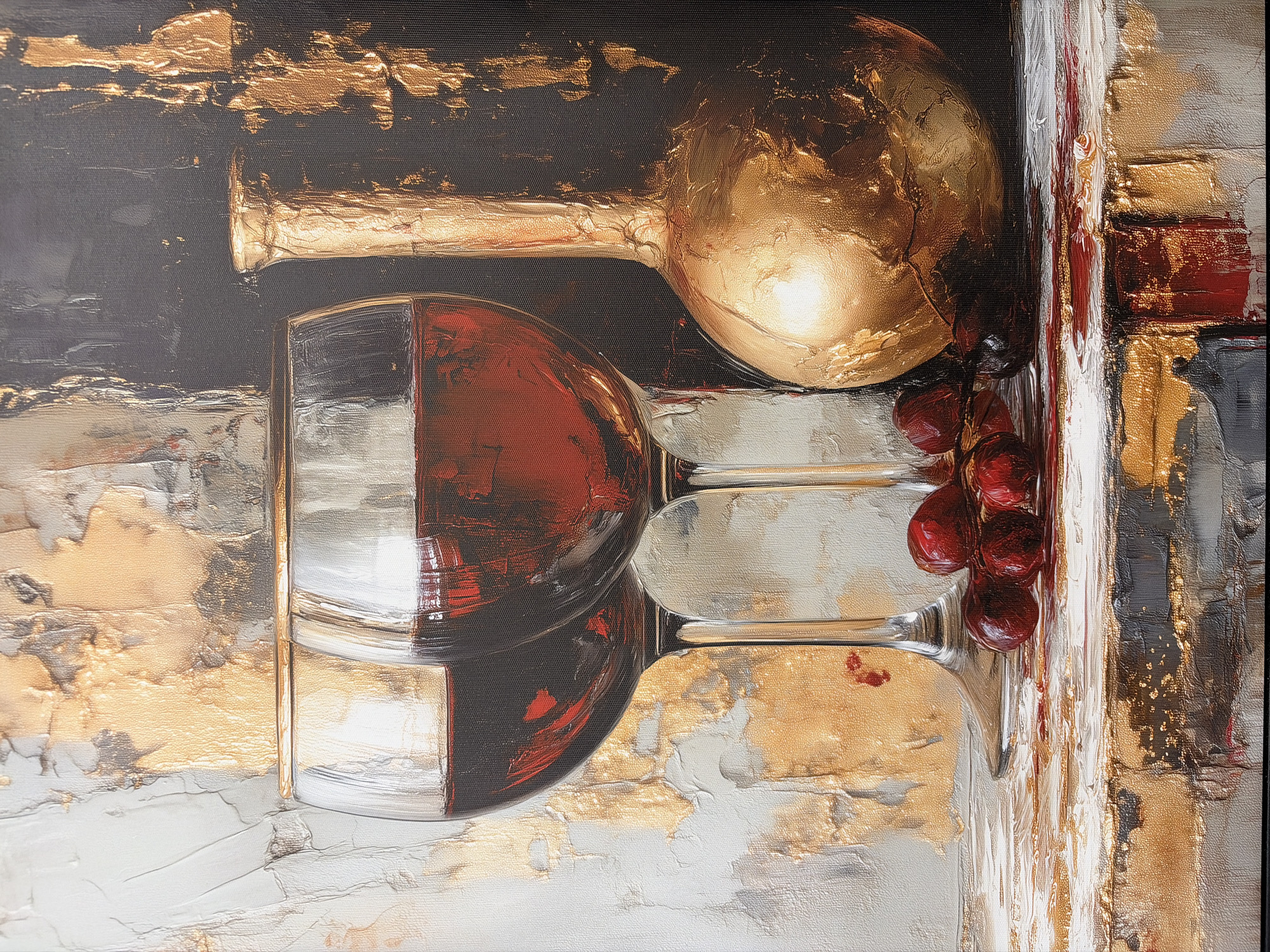 The image is a painting depicting a still life with a wine theme. A partially filled wine glass containing a dark red liquid is featured prominently on the left side. Beside it, a horizontal bottle, painted in shades of gold, appears to be lying down. To the right of the glass, a cluster of dark red grapes is visible. The background consists of a textured surface with abstract shapes in shades of white, gray, black, and gold, resembling a stylized wall or tabletop. There is no indication of any location in Izhevsk, Russia.