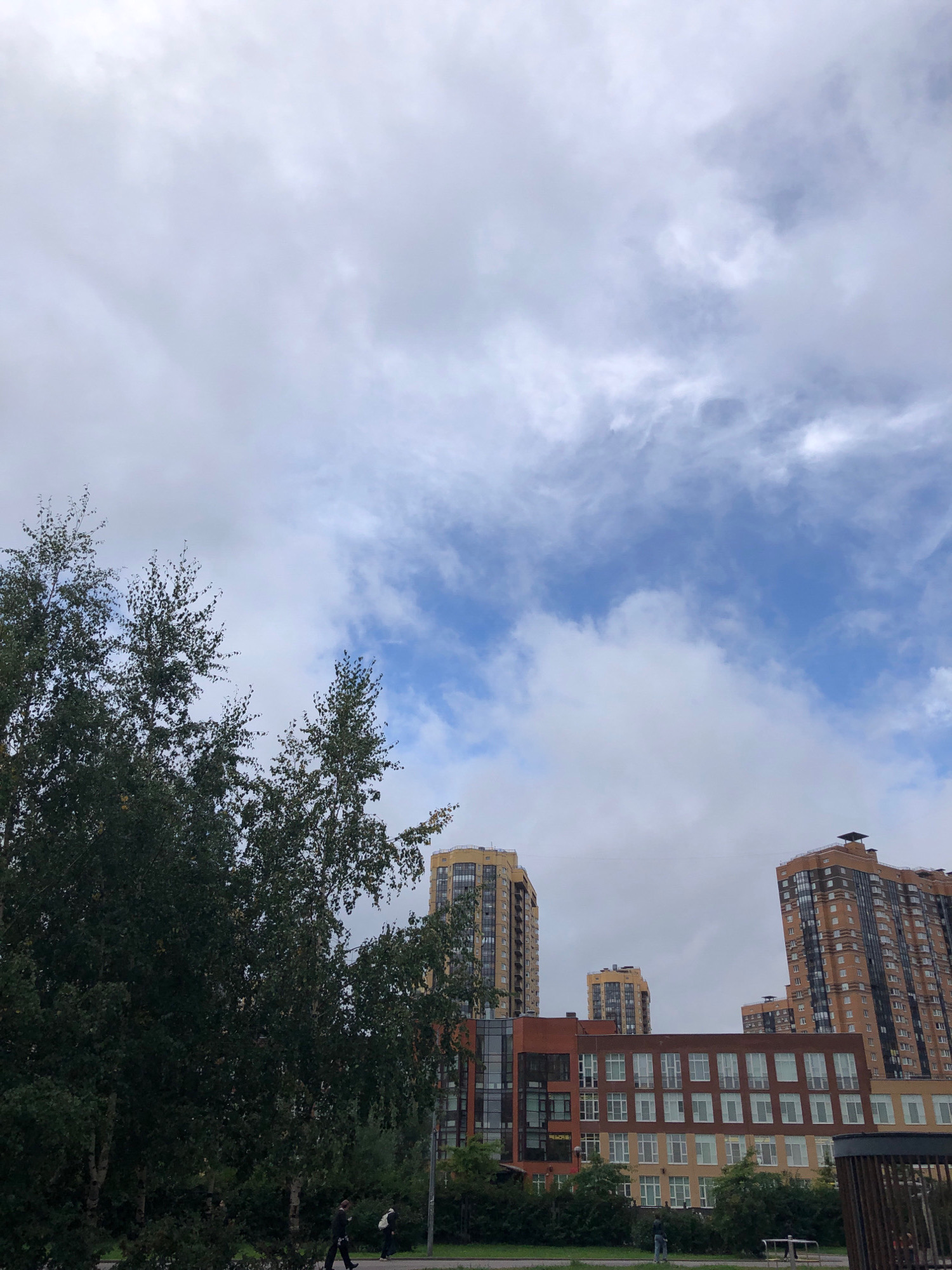 In Pargolovo, Russia, an outdoor scene depicts several modern buildings against a cloudy sky. In the foreground, lush green trees with dense foliage partially obscure the view of the structures. Two individuals are walking on a paved path in front of the trees. Behind the trees, a low-rise building with a brick facade and numerous windows is visible. Further in the background, taller residential buildings with contemporary architecture stand against the sky. One prominent tall building features a reddish-brown facade with many windows, while another to its left is yellow. The sky is partially covered with white and gray clouds, with patches of blue peeking through.
