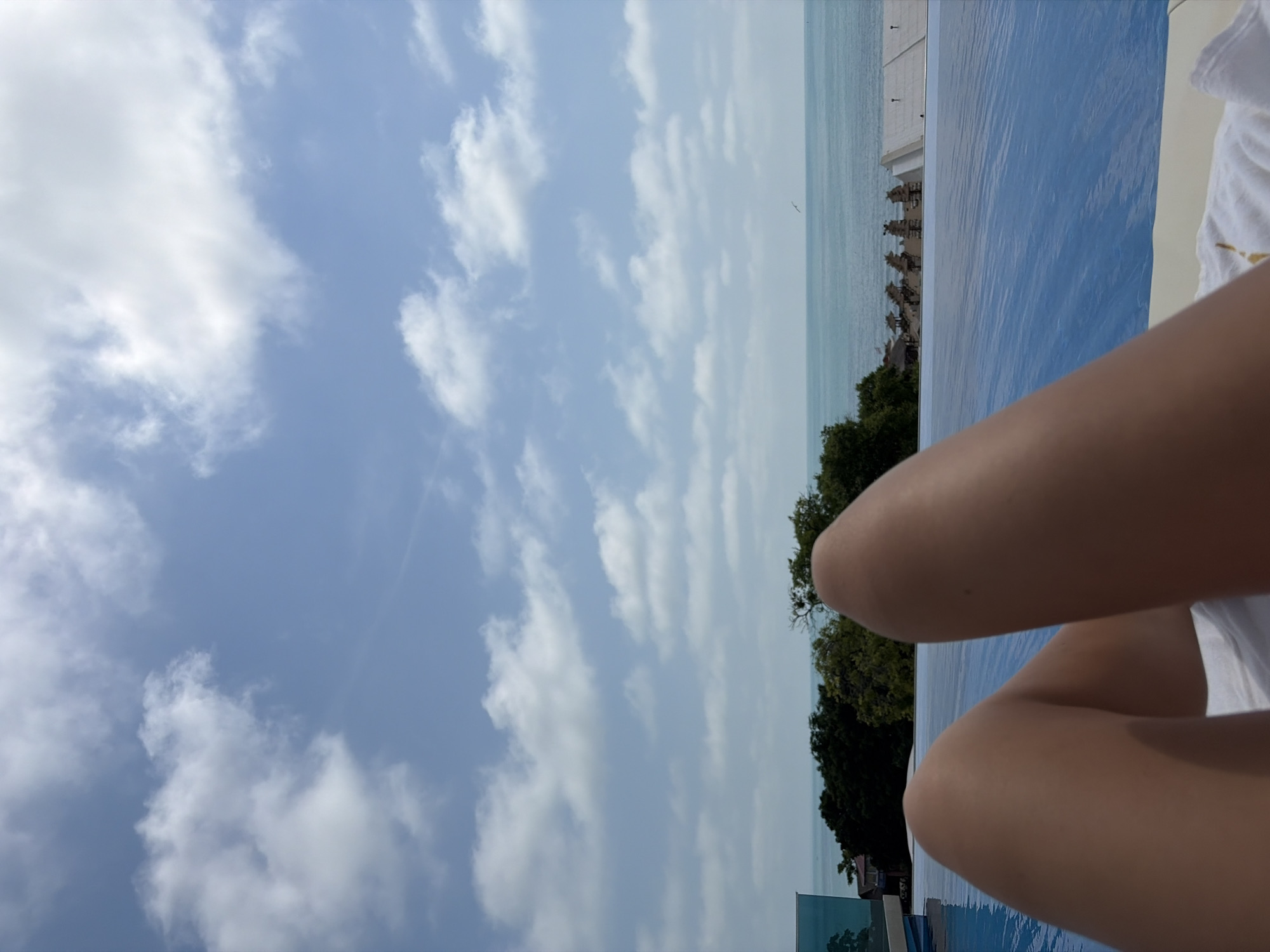 The image presents a first-person perspective from a relaxed position, revealing the lower half of a person's bare legs, including thighs and knees, in the immediate foreground, partially resting on a white towel. Directly beyond the person's legs, an infinity pool with clear, rippled blue water stretches across the mid-ground.
The background unfolds to a scenic vista over the Black Sea, from the city of Varna, Bulgaria. A line of dense green trees and foliage separates the pool area from the distant sea. To the far left, a portion of a tall, light blue building with a faint design is visible. Above the trees, the serene, turquoise expanse of the Black Sea extends to a faint horizon line. In the distance over the sea, to the right, a solitary dark bird is captured in flight. On what appears to be a beach or coastal area beyond the pool's edge, several structures resembling thatched umbrellas or cabanas are visible, adjacent to a flat, light-colored rooftop. The upper two-thirds of the image are dominated by a bright blue sky, populated with numerous white, fluffy cumulus clouds, denser on the left and scattering towards the right. A faint, almost transparent linear streak is discernible in the upper right sky. The scene is brightly illuminated, consistent with daylight.