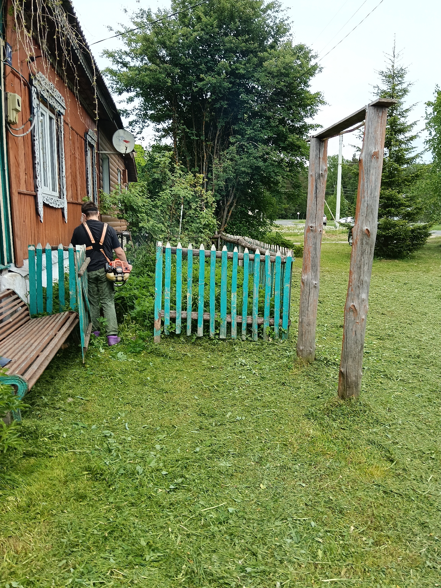 A man is using a weed trimmer in the yard of a brown wooden house with white-trimmed windows in Красный Маяк, Russia. The man wears a black shirt, camouflage pants, purple shoes, and an orange harness for the trimmer. He stands behind a light blue picket fence. A wooden bench sits to the left of the fence, and a wooden frame structure stands to the right. The lawn is freshly cut. A large tree is visible in the background, along with other greenery. In the distance, a road with vehicles can be seen. The house also has a satellite dish attached to its side.