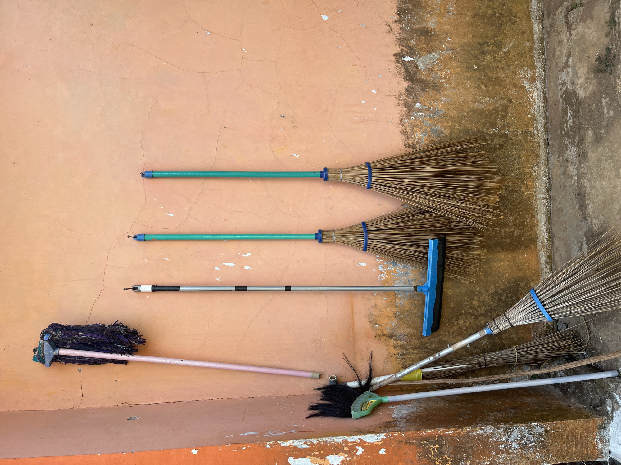 A collection of cleaning implements is displayed against a cracked, peach-colored wall. On the left, a mop with a purple string head and a pink handle hangs. To its right, a silver-handled squeegee with a blue rubber blade is mounted. Three brooms made of natural fibers with blue bands on their handles are hung in a row to the right of the squeegee. Leaning against the wall to the left of the squeegee are several more brooms, including one with a black brush head. The ground in front of the wall is concrete, with visible signs of wear and some debris. The wall itself shows patches of discoloration and texture, suggesting an outdoor environment. The scene is likely situated in Glagah Kulon, Indonesia, given the provided context, and appears to be an outdoor storage area for cleaning tools.