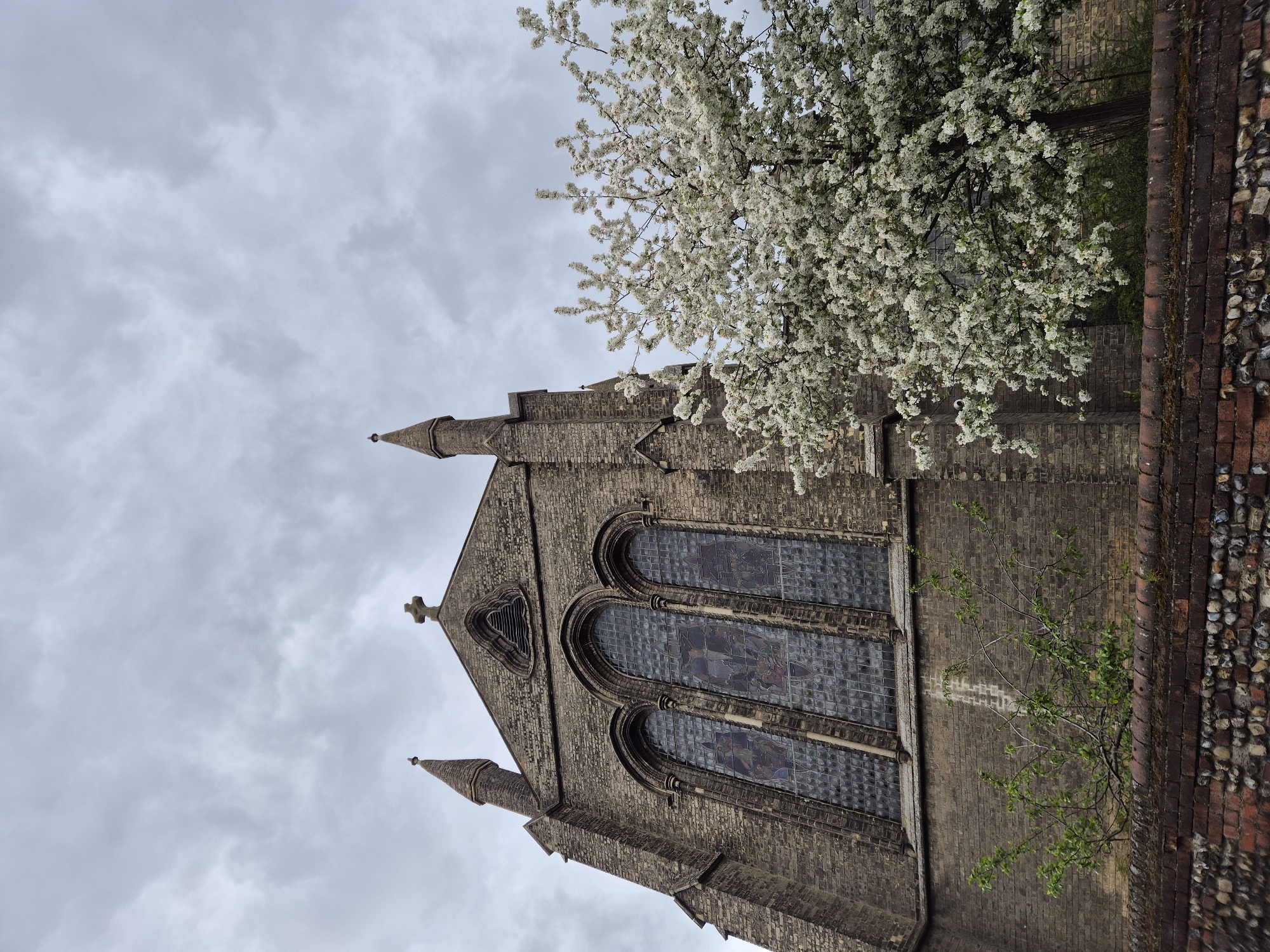 A low-angle shot shows the façade of a brick church in West Suffolk, United Kingdom. A flowering tree with white blossoms is positioned to the right, partially obscuring the building. The sky is overcast with grey clouds. The church has tall, arched stained-glass windows and decorative spires. A brick wall runs along the right edge of the frame.