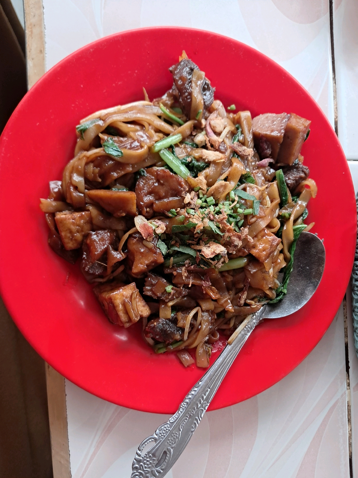 A close-up, top-down shot shows a red plate filled with stir-fried noodles and pieces of meat and tofu. The noodles are wide and flat, coated in a dark, glossy sauce. Interspersed are cubes of firm tofu with a browned exterior, and chunks of dark meat that appear to be beef. Green vegetables, likely bok choy or a similar leafy green, are mixed throughout. Garnish of fried shallots and chopped green onions are sprinkled on top. A silver spoon with an ornate handle rests on the right side of the plate, partially submerged in the food. The plate is set on a light-colored surface with a patterned texture, possibly a table. The background is out of focus, with hints of a wall and potentially other tables. The scene is indoors, likely a restaurant or food stall. This dish is likely a local specialty found in Sejegi, Indonesia.