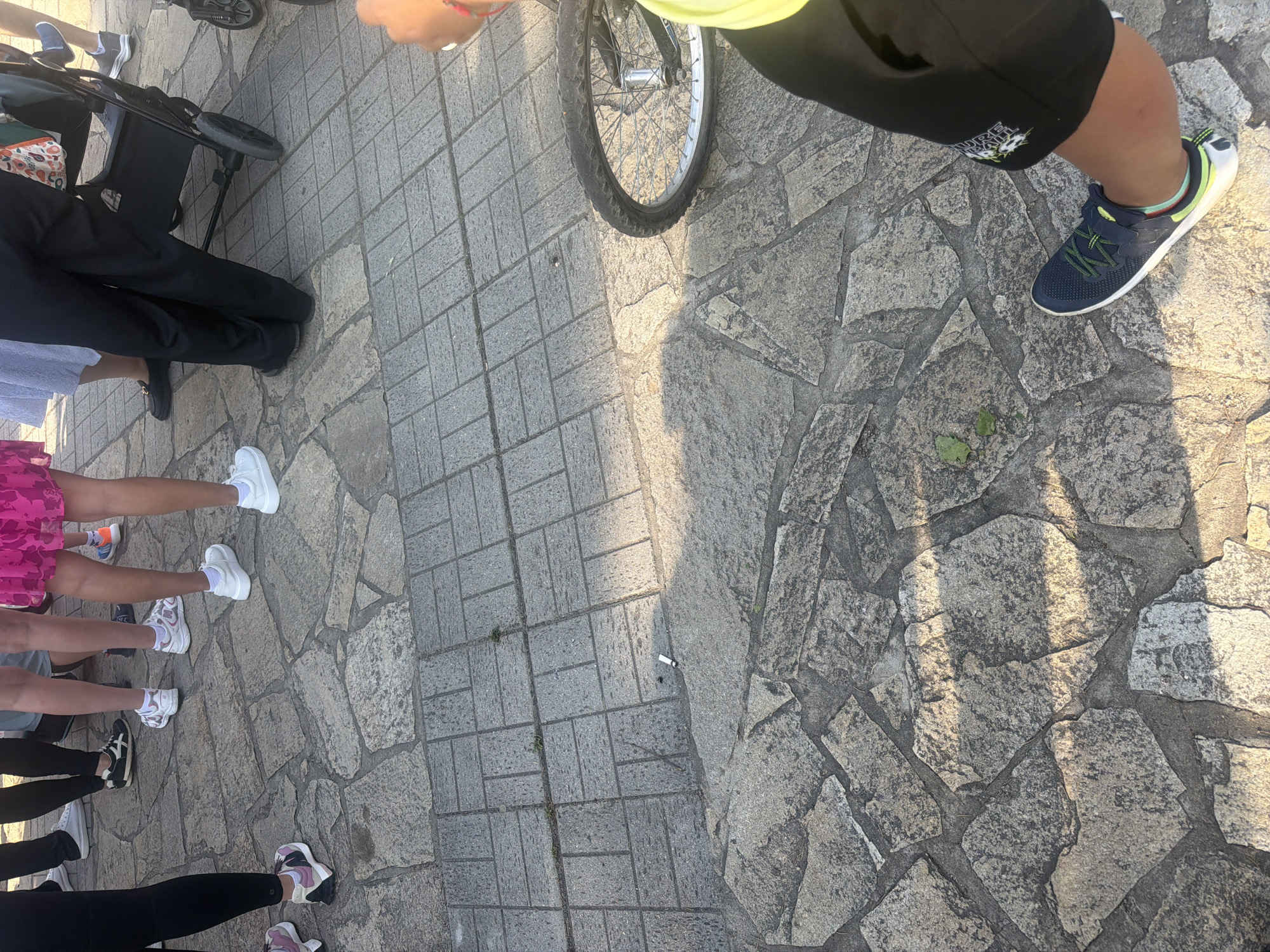 The image shows a group of people standing on a paved surface. A stroller and a bicycle are visible. The location appears to be outdoors, possibly a pedestrian area or a park.