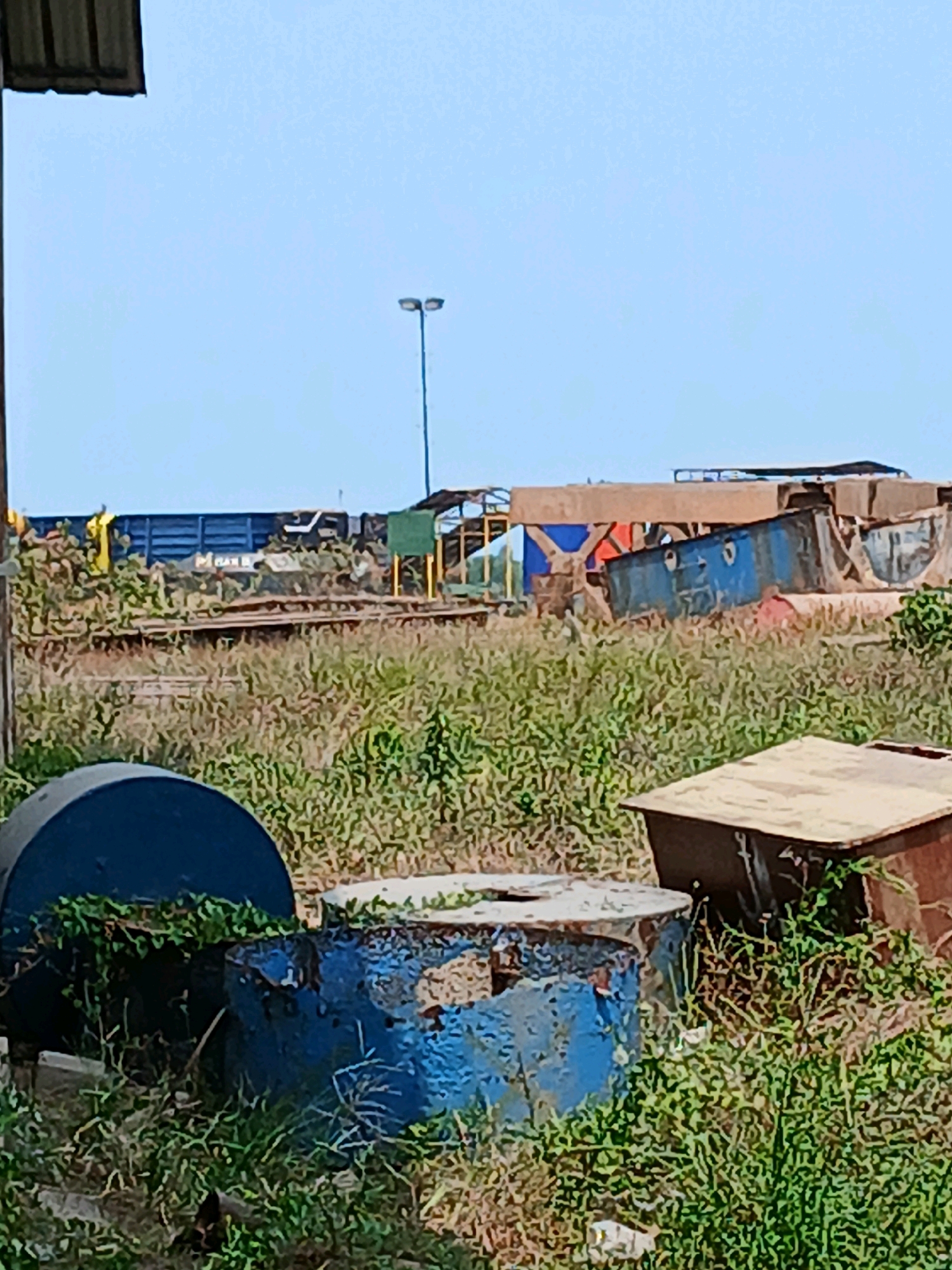 The image depicts an outdoor scene, possibly a junkyard or industrial area, characterized by overgrown vegetation and various discarded objects. In the foreground, two large blue barrels are partially visible, one lying on its side and the other upright, showing signs of wear and rust. Behind the barrels, a collection of metal structures and debris is scattered across the ground, interspersed with tall, dry grass and green plants. A blue shipping container with what appears to be a face drawn on it is situated in the middle ground, leaning at an angle. In the background, a blue train car is visible, along with other industrial equipment and a tall lamp post with two lights. The sky is a clear, light blue, suggesting daylight. The environment appears unkempt and abandoned. This scene could be located in the industrial outskirts of Pangkalpinang, Indonesia, given the context of industrial activity and potentially varied terrain.