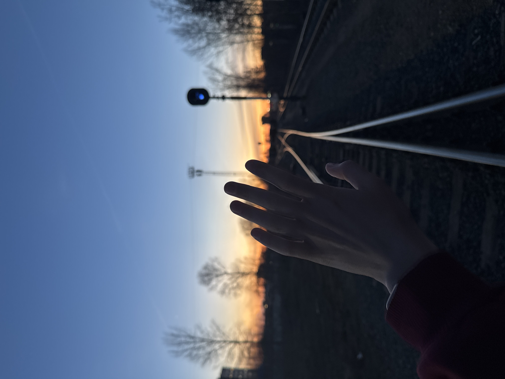 A low-angle, vertically-oriented photograph captures a scene at dusk in Chaikovsky, Russia. In the lower right corner, a person's hand, extending from a maroon sweatshirt, is held up toward the sunset. In the background are the railroad tracks which veer off into two separate directions. A blue light is on at the top of a light post near the tracks. Trees are silhouetted against the colorful sky, which transitions from blue to orange. A cell tower also stands in the background.