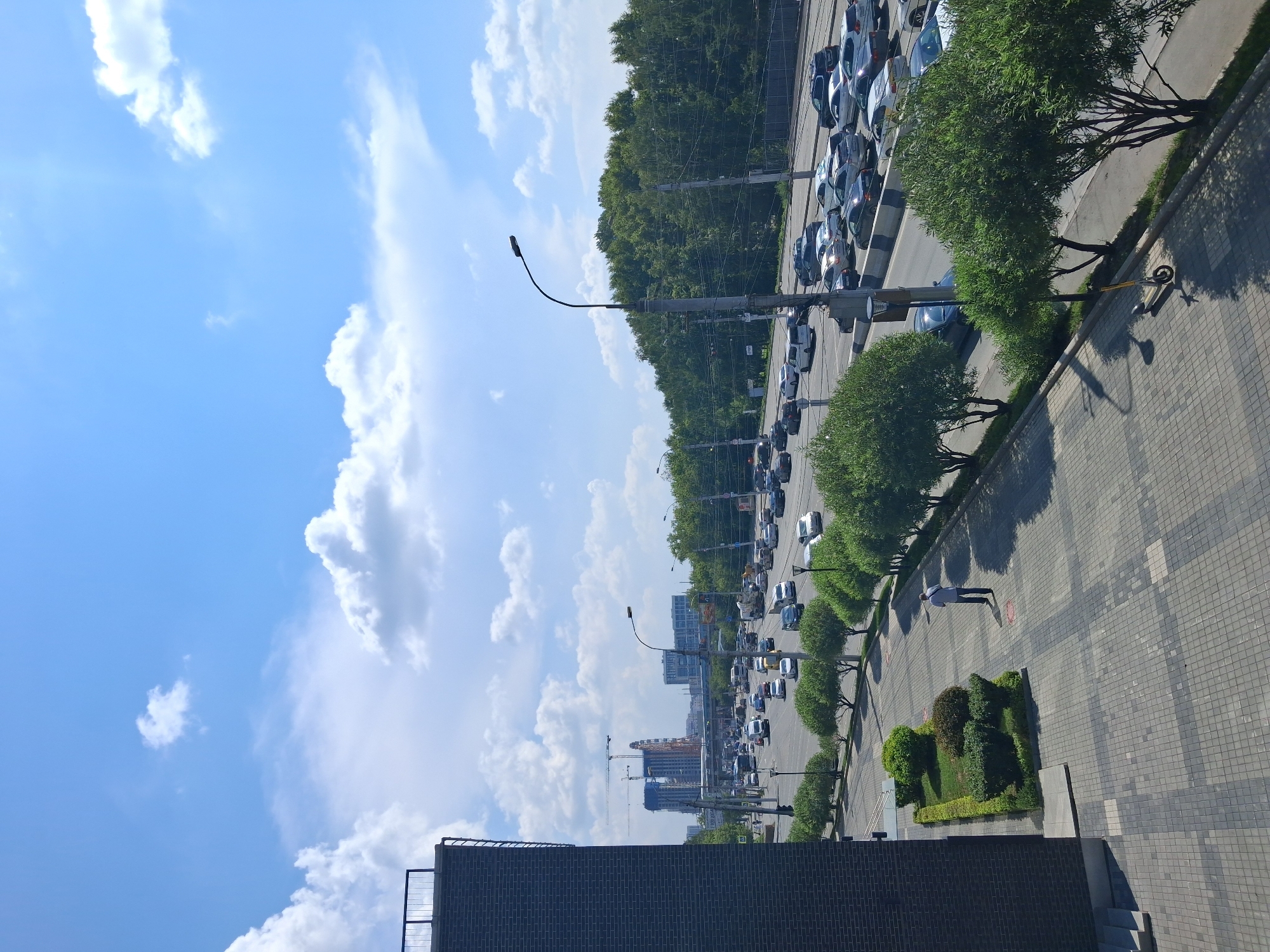 A bright, daytime outdoor scene captures a multi-lane road in Novosibirsk, Russia, with a line of traffic. On the left, a dark, brick building with a metal railing on top dominates the foreground. A paved walkway runs alongside the building, featuring a landscaped area with manicured bushes and grass. A lone individual in a light blue shirt and dark pants walks on the paved area. The road itself is lined with trees and light poles. In the background, more trees and buildings are visible, including construction cranes, suggesting ongoing development. The sky is blue with scattered white clouds.