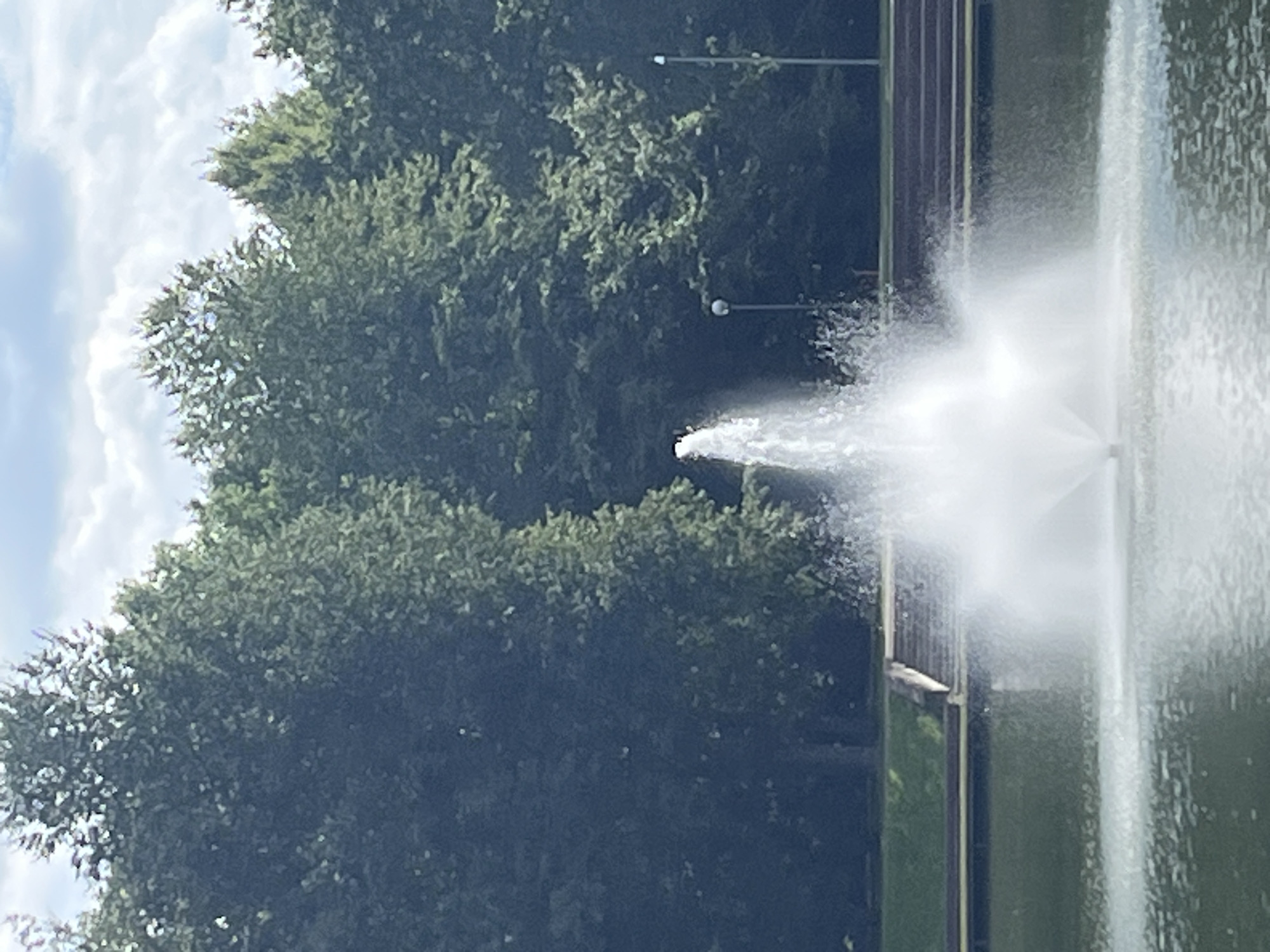 The image depicts a public park scene in Kohtla-Järve linn, Estonia, featuring a fountain in a body of water. The fountain is actively spraying water upwards and outwards, creating a frothy, white plume. In the background, a dense line of mature trees forms a natural wall, their dark green foliage contrasting with the lighter green of a grassy area bordering the water. Beyond the trees, a cloudy sky with patches of blue is visible. On the far bank of the water, there appear to be tiered structures, possibly steps or seating areas, and two lampposts stand to the right of the fountain. The water surface is reflective and appears to be a dark, muted green. No people are visible in the frame, and the overall atmosphere is one of serene, natural beauty.