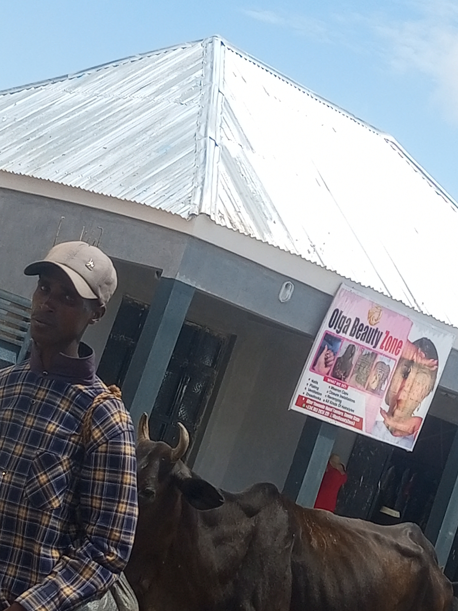 A man wearing a plaid shirt and a baseball cap stands to the left of a brown cow, facing the camera. The cow is positioned to the right of the man. Behind them is a building with a corrugated metal roof. A sign is attached to the building that reads "Olga Beauty Zone" and lists services such as "Weave On Caps," "Closure Installations," "Rereeping," and "Dreadlocks All Kinds Of Hairstyles." The building appears to be located in Tempure, Nigeria. The sky is visible in the background.