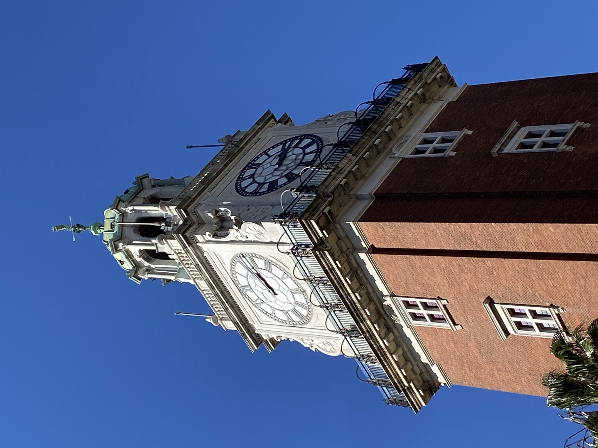 An upward-looking outdoor shot captures a grand clock tower under a clear, brilliant blue sky, likely in Buenos Aires, Argentina. The tower features a multi-story design with distinct architectural elements. The main body of the tower is constructed from reddish-brown bricks, featuring several rectangular windows with white frames and multiple panes.
Two large, ornate clock faces are prominent on the tower's upper sections. Both clocks display Roman numerals for the hours and have intricate metalwork surrounds and balustrades. The hands on both clocks indicate approximately 12:55. Above the lower clock face, and partially obscured by the angle, is the second clock face. The top of the tower culminates in an ornate, lighter-colored structure with turrets or domes, green patina accents, and a finial or weather vane. The architectural style blends brickwork with elaborate white or light-colored stone/stucco detailing, including cornices, moldings, and decorative carvings. The bright sunlight suggests it is daytime. A small portion of a palm tree is visible in the bottom right corner, hinting at the surrounding environment. There is no discernible activity taking place, and no visible text is present.