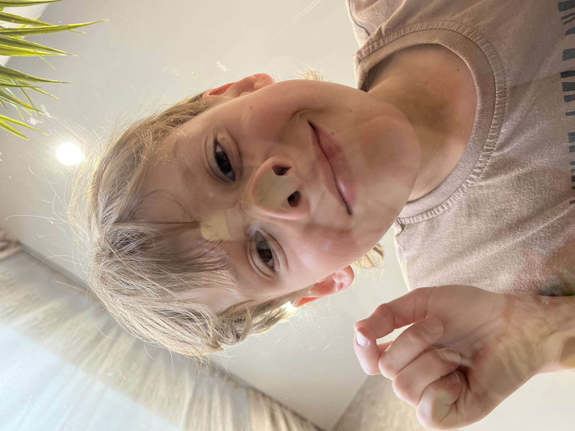 A low-angle, close-up shot shows a young boy with light brown hair and fair skin looking up towards the camera. He is wearing a light brown t-shirt. A light-colored bandage is visible on the bridge of his nose. His left hand is raised and appears to be touching a transparent surface, likely glass. The background is out of focus and appears to be indoors, with soft lighting. Some greenery is visible at the top right of the image, potentially from a houseplant. There is no discernible location in Nizhny Novgorod, Russia, or any other city.