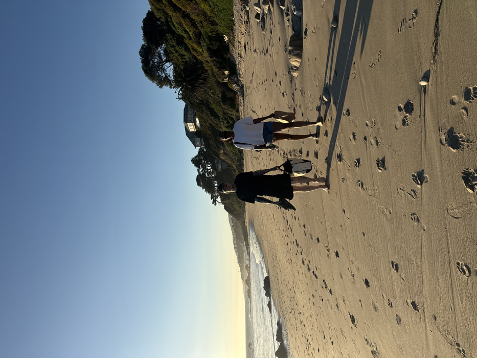 The image depicts a coastal scene on a sandy beach in Malibu, United States of America, during a period of low sun angle, likely dawn or dusk.
**Environment:** The foreground consists of a wide, light-brown sandy beach covered with numerous footprints, illuminated by low-angle sunlight that casts long shadows towards the upper right. To the left, the Pacific Ocean extends with gentle waves breaking on the shore, revealing several dark rocks near the waterline and further out. The horizon is clear. To the right, a steep, verdant hillside rises sharply from the beach, densely covered with diverse vegetation including coniferous and palm trees, and shrubs. Several multi-story residential structures with light-colored exteriors are visible atop and along the hillside. The sky above is clear and blue, transitioning to a lighter hue near the horizon line.
**People:** Two individuals are walking barefoot on the sand, moving generally away from the viewer and slightly to the right.
1. **Individual 1 (left):** Appears male, wearing a black t-shirt, black shorts, and a dark baseball cap. Visible tattoos are present on the left arm. This individual carries a pair of dark shoes in the left hand and a white and black canvas tote bag in the right hand.
2. **Individual 2 (right):** Appears female, wearing a loose-fitting white t-shirt and light-colored shorts. This individual carries a brown paper bag in the right hand.
**Actions/Interactions:** Both individuals are walking side-by-side, approximately one meter apart, in the same direction along the beach. They are walking away from the camera, along the damp sand. There is no explicit interaction depicted between them.