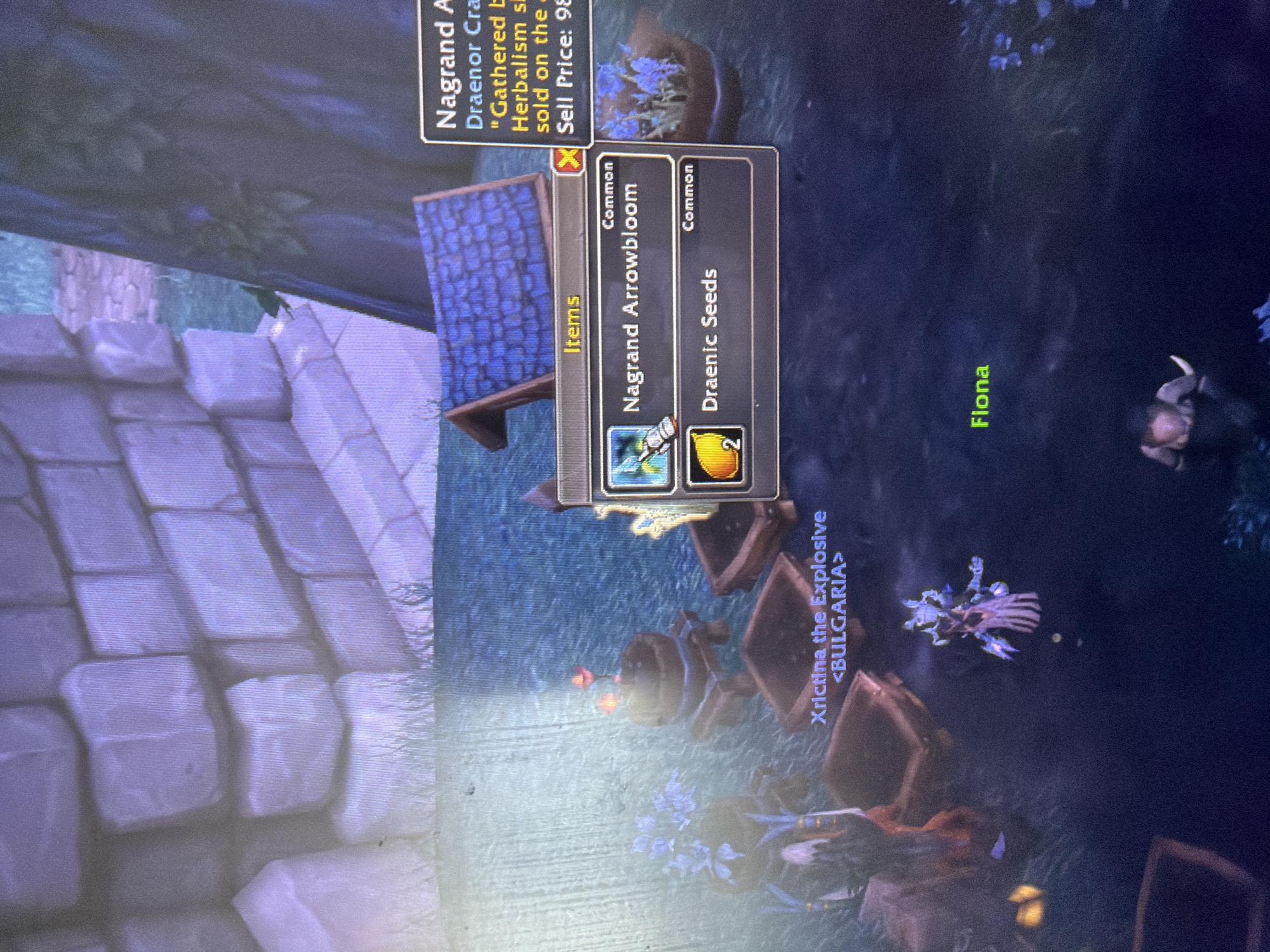 The image shows a screenshot from a video game, likely World of Warcraft, displaying an in-game inventory or item tooltip. The tooltip shows two common items: "Nagrand Arrowbloom" and "Draenic Seeds," with a quantity of two for the latter. There is also a character name "Xrictina the Explosive" and a guild name "<BULGARIA>" visible. Another character name, "Fiona," is visible in the lower portion of the screen. The environment appears to be a fantasy setting with stone structures and foliage. There is no indication of this image being related to the city of Plovdiv, Bulgaria, or any real-world location.