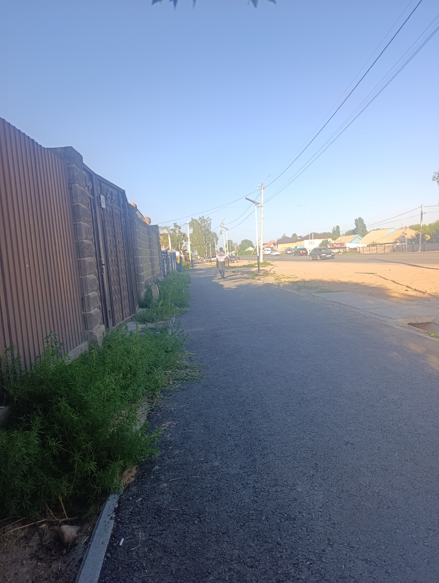 A person walks down a paved street in Bosteri, Kyrgyzstan. The street is lined with a tall, corrugated metal fence on the left, with a section of ornamental stone gate. Green bushes grow along the base of the fence. Further down the street, a person is walking away from the camera. On the right side of the street, there is a dirt area bordering the pavement, with a few cars parked. Houses and trees are visible in the background, under a clear blue sky. Utility poles with wires are also present along the street.