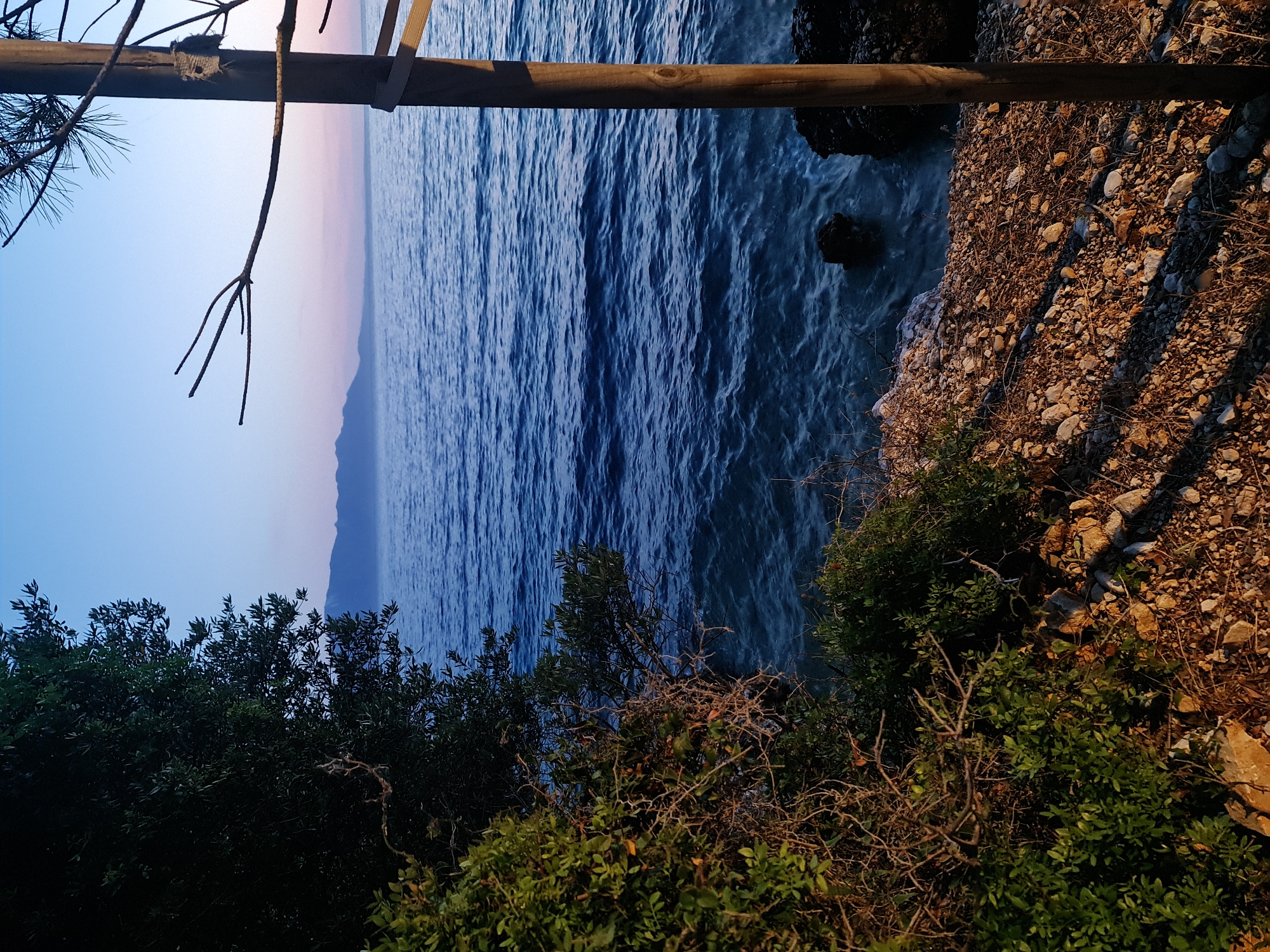 The image depicts a serene coastal scene at dusk in Brist, Croatia. The foreground is occupied by a rocky and pebbly shoreline dotted with sparse vegetation, including leafy green bushes and dry, twiggy branches. A thick, dark green bush dominates the left side of the frame. To the right, a weathered wooden post stands vertically, a piece of woven material tied around its upper section. Beyond the shore, the calm, deep blue sea stretches towards the horizon, reflecting the soft hues of the twilight sky, which transitions from a pale pink near the distant, hazy mountains to a clear blue overhead. The water exhibits gentle ripples.