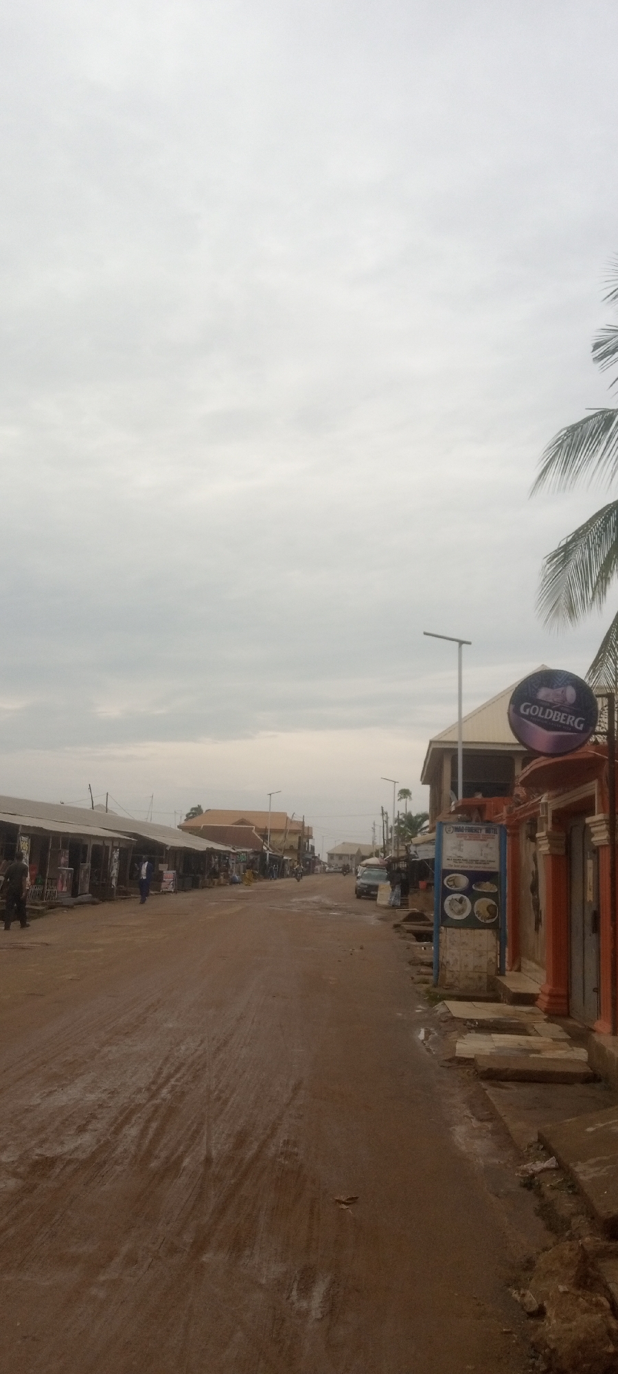 The image shows a street scene in Sabon Tasha, Nigeria. The street is unpaved and appears wet, possibly due to recent rain. On the left side of the street are several stalls or shops under corrugated metal roofs. People are present along this side of the street, appearing to walk or stand near the stalls. On the right side of the street, there is a building with a "Goldberg" sign. Palm trees are visible in the background. The sky is overcast. A street light is erected in front of the building with the “Goldberg” sign. A car is parked on the right side of the street.