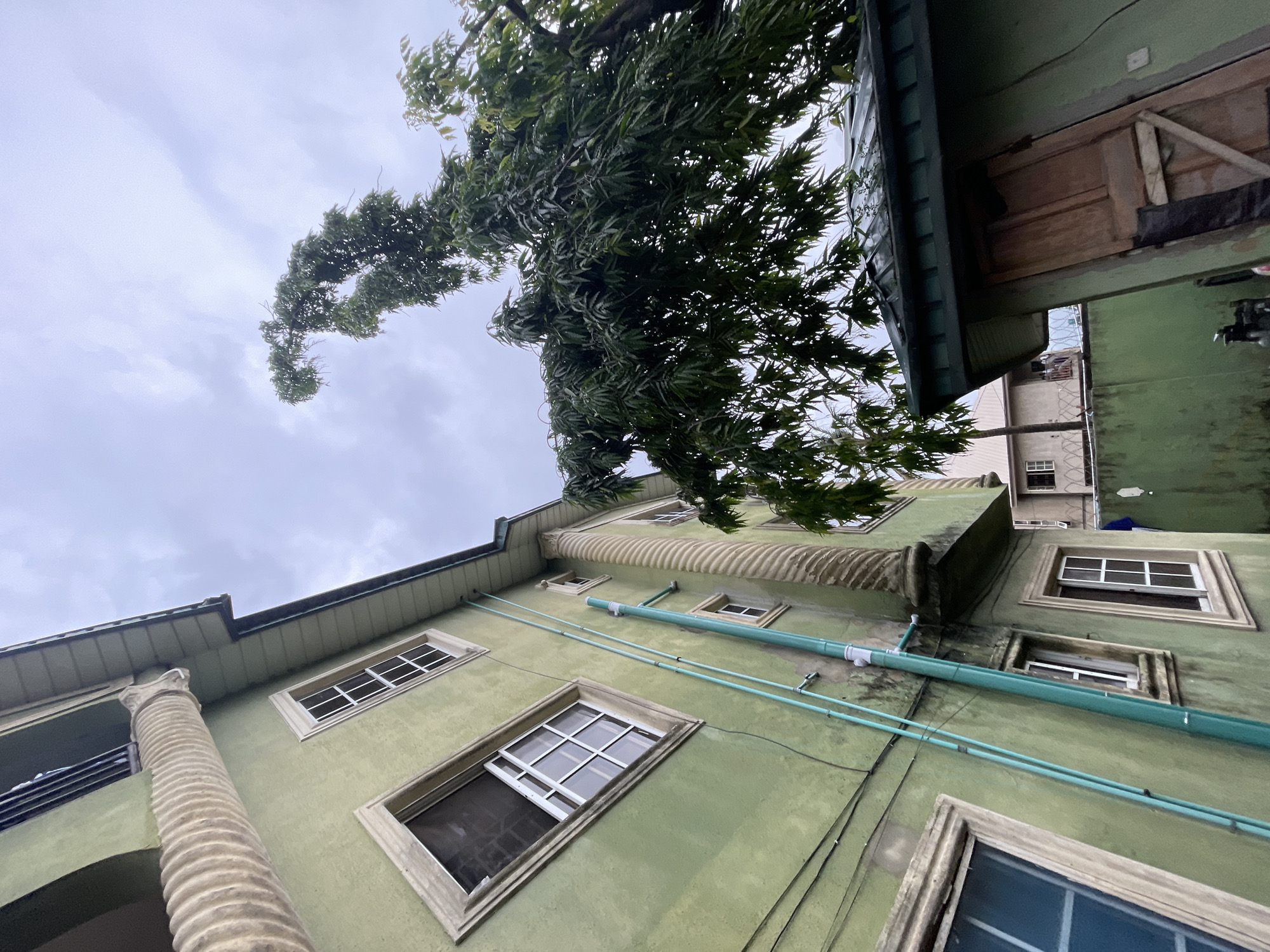 This is a low-angle, full shot of a pale green, multi-story building with white-framed windows. The building features large, fluted columns on its exterior. To the right of the building, a large tree with dense, dark green foliage overhangs the scene. The sky is overcast and grey. In the foreground, to the right of the building and partially obscured by the tree, is a small, weathered wooden structure with a dark green, sloped roof and a visible wooden door. Beyond the main building and the tree, a lower green wall separates properties, and another building with similar windows can be seen in the background. The environment appears to be an urban setting, possibly residential or commercial, in Ado, Nigeria. There are no people visible in the image.