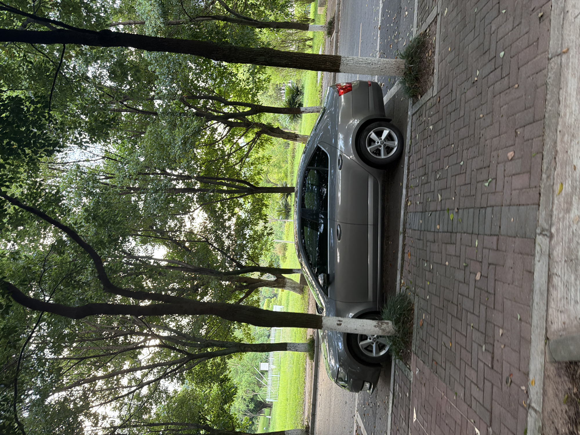 A gray sedan is parked on the side of a road, adjacent to a brick sidewalk. The car is positioned at an angle to the road, with its front facing left and its rear facing right. Trees with green leaves line the side of the road, casting shadows on the car and the pavement. Beyond the trees, a grassy area with some white fencing and vegetation is visible. The scene appears to be an outdoor urban environment, possibly a park or a residential street in the city of Jiangjin, China. There are no people or animals visible in the image. The lighting suggests it is daytime, with sunlight filtering through the trees.