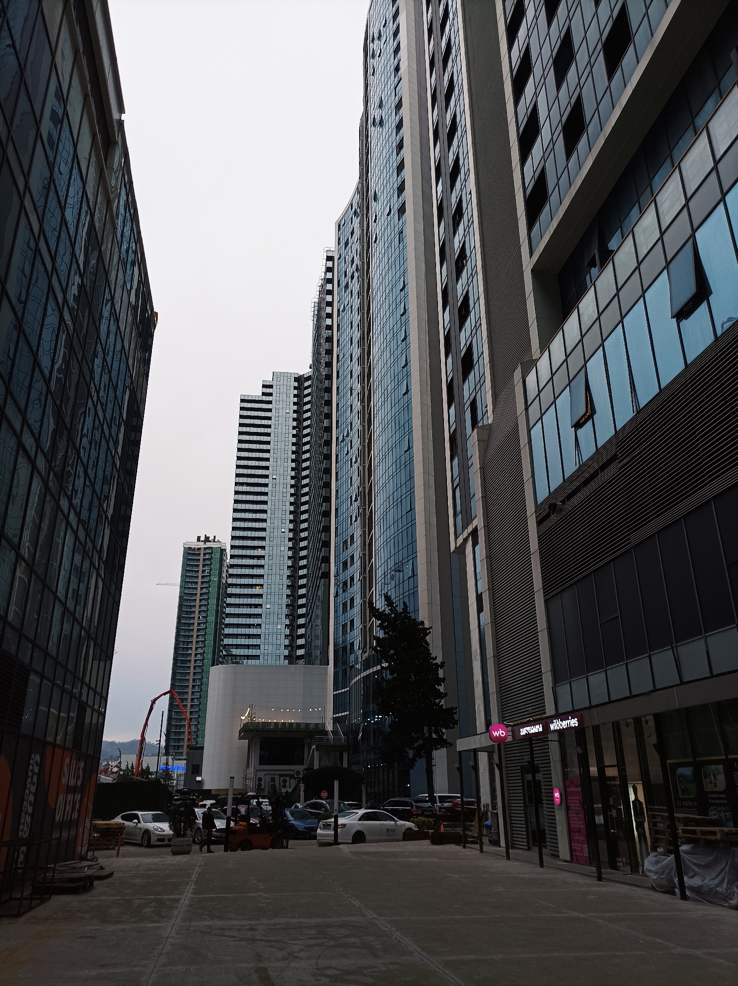 The image depicts a street scene in Batumi, Georgia, characterized by modern high-rise buildings with glass and concrete facades. The buildings appear to be a mix of residential and commercial properties. On the right, a storefront with the sign "wildberries" is visible. Several cars are parked along the street. Construction activities are evident in the background, with a construction crane visible. A small group of people is gathered near the center of the frame. The sky is overcast, and the overall lighting is subdued. The street is paved and appears to be a pedestrian walkway.