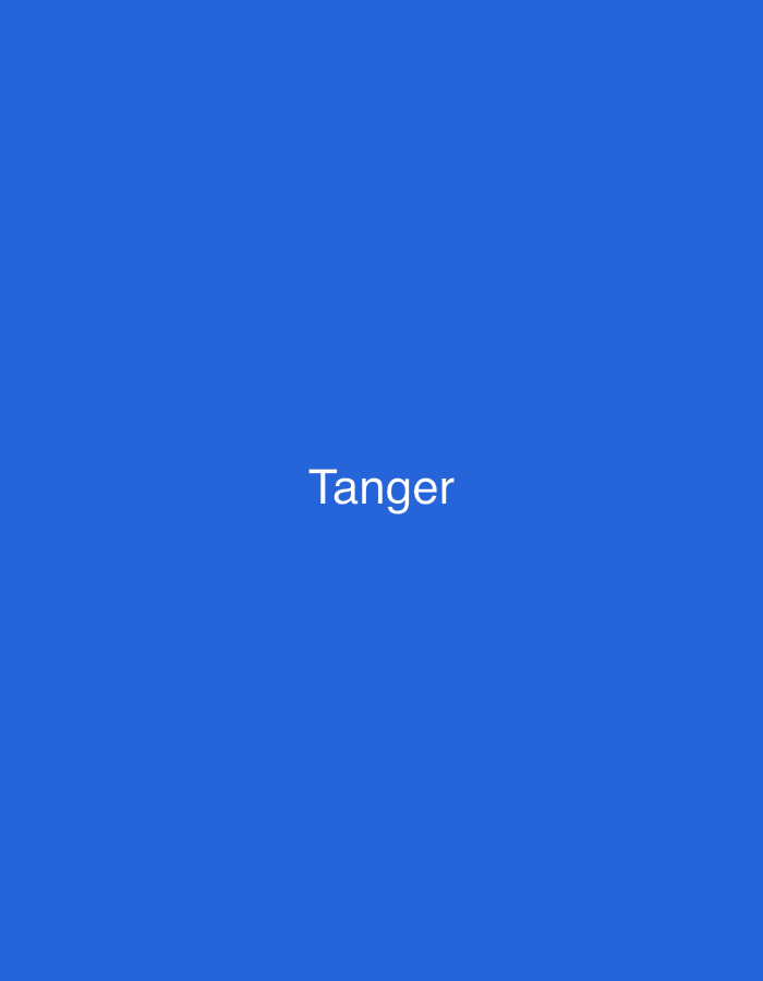 The image displays a solid, uniform royal blue background. Centered horizontally and slightly above the vertical midpoint on this background is the word "Tanger" rendered in white, sans-serif typography. The text is the sole visual element beyond the blue field. There are no visible people, subjects, objects, actions, interactions, or environmental details within the scene. The word "Tanger" refers to a major city located in Morocco.
