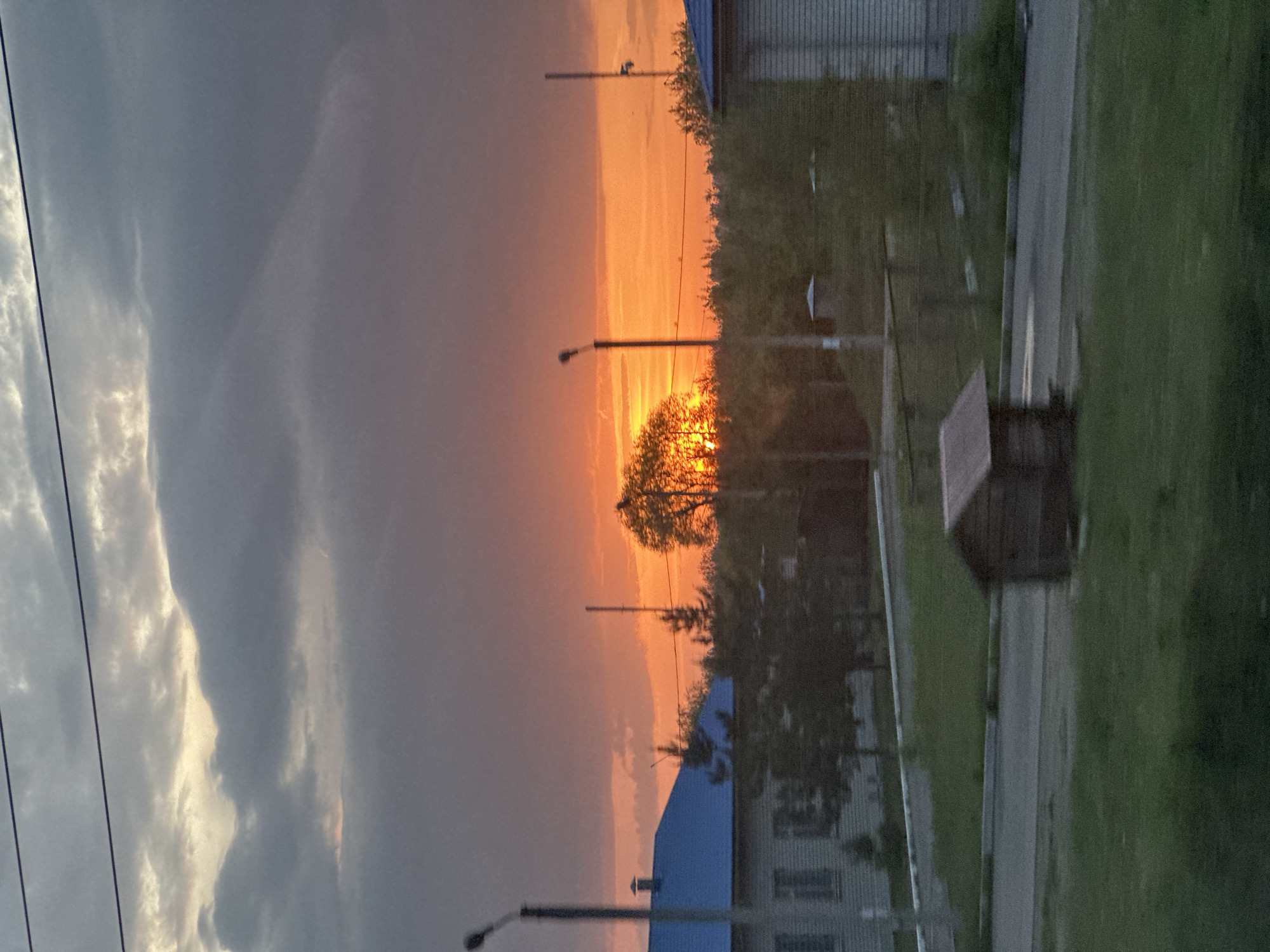 The image depicts a landscape scene in the city of Vladimir, Russia. The sunset is visible, casting an orange glow across the sky, and is partially obscured by a tree. In the foreground, there are buildings, a road, and some green vegetation. Power lines run across the left side of the image. The overall impression is one of a quiet evening in a suburban or rural area near Vladimir.