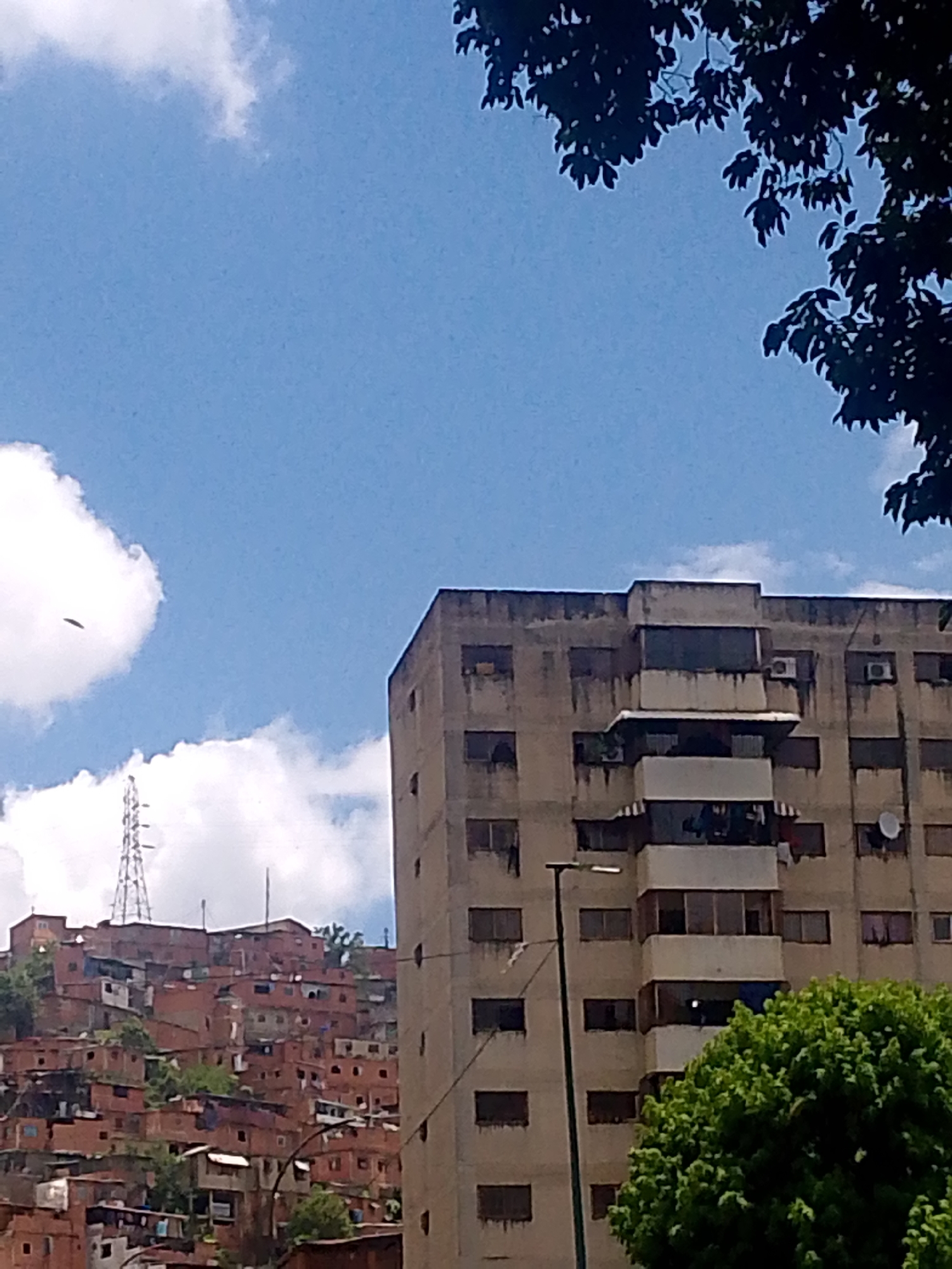 This image captures a vibrant urban landscape, characteristic of Caracas, Venezuela, showcasing a blend of architectural styles under a bright, cloudy sky.
In the foreground, a large, multi-story apartment building dominates the right side of the frame. Its concrete facade appears weathered, with dark streaks and stains. Several windows are visible, some dark and empty, others with curtains or objects behind them. Balconies protrude from the central section, and air conditioning units and a satellite dish are affixed to the exterior walls. A tall, dark lamppost stands in front of the building, and a lush green tree occupies the bottom right corner, partially obscuring the lower floors.
Behind the apartment building and extending across the left and central parts of the image is a steep hillside densely packed with numerous small, red-bricked houses or shacks, typical of an informal settlement or "barrio." These structures appear to be built close together, following the contours of the terrain. Perched at the highest point of the hillside is a tall, metal lattice tower, likely for telecommunications or power transmission.
The sky is a prominent feature, displaying a clear blue expanse dotted with fluffy white clouds. A notable detail is a small, dark, elongated, disk-like object visible in the upper-left quadrant, positioned against the blue sky, near one of the clouds. Its nature is unclear from the image.
The time of day appears to be bright daytime, likely midday or early afternoon, with clear visibility. No specific human activity or visible text is discernible in the frame. The overall scene provides a glimpse into the dense, multi-layered urban fabric often found in cities in this region.