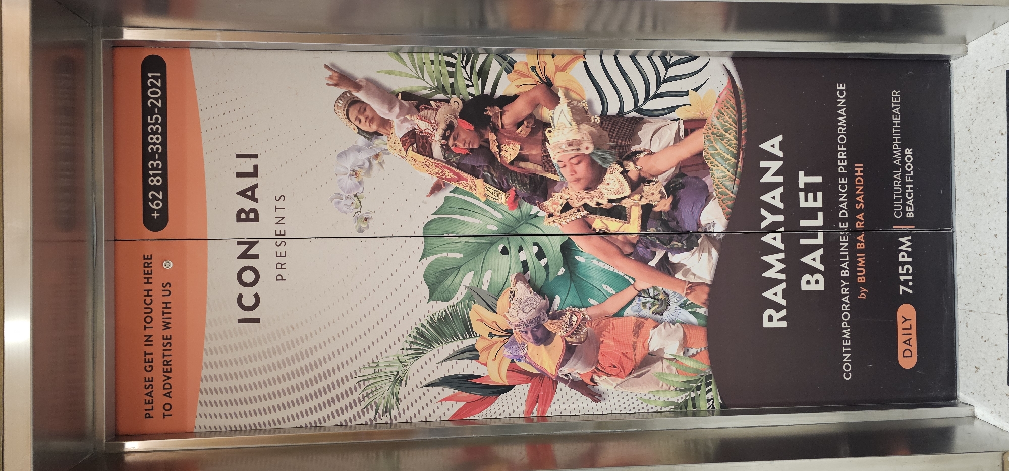 The image shows a poster for a "Ramayana Ballet" performance in Denpasar, Bali, Indonesia. The poster includes a colorful collage of Balinese dancers in traditional costumes with tropical flora and foliage. The poster also contains event details like "Contemporary Balinese Dance Performance," "by Bumi Ba Ra Sandhi," and "Cultural Amphitheater, Beach Floor" as the location. The performance is "Daily," and the time is "7.15 PM." On the left side of the poster are the words "ICON BALI PRESENTS" along with a phone number "+62 813-3835-2021." An advertisement for "PLEASE GET IN TOUCH HERE TO ADVERTISE WITH US" is present.