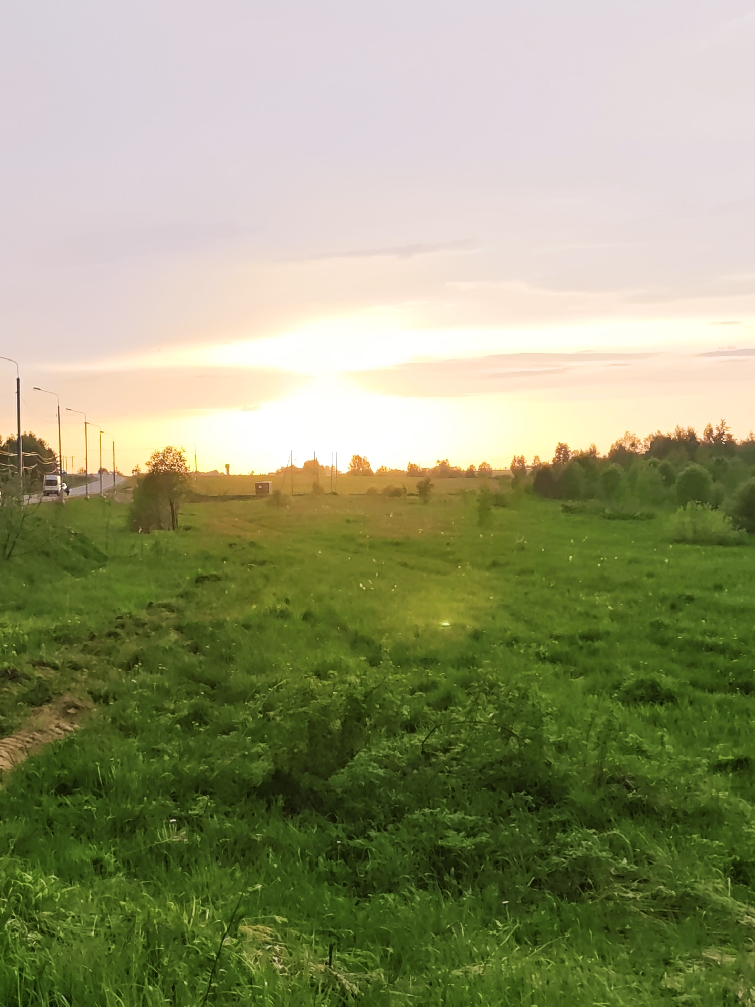 The image depicts a field in Курово, Russia at sunset. The foreground is filled with green grass and low-lying vegetation. A dirt path is visible on the left side of the frame. In the midground, the field extends toward a road lined with streetlights and a passing white vehicle. A small structure and scattered trees can be seen further back in the field. The sky is a mix of orange and pink hues, indicating sunset or sunrise.