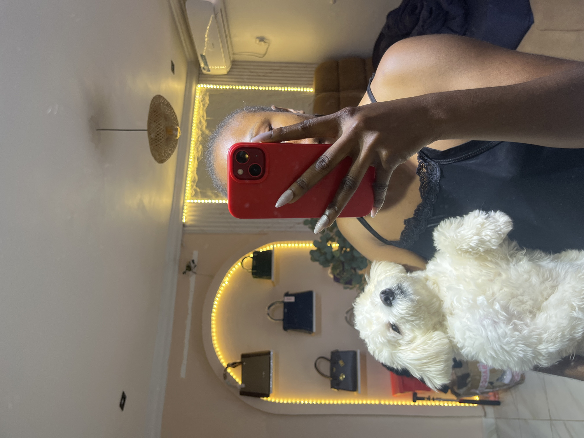 A person is taking a mirror selfie in a room. They are holding a white dog in their left arm and a red smartphone in their right hand, obscuring their face. The dog is looking up and to the left, with its head tilted. The person is wearing a black tank top with lace trim. In the background, there are shelves with handbags, illuminated by yellow string lights. A woven pendant light hangs from the ceiling. The room appears to be a bedroom or dressing area, with an air conditioning unit visible on the wall. The location is described as Abuja, Nigeria.
