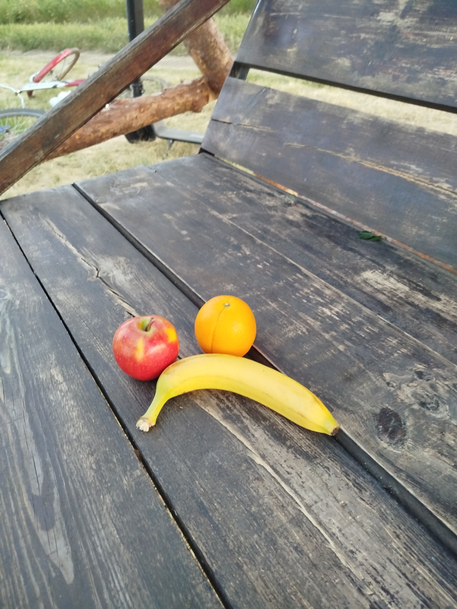 On a weathered, dark wooden bench in Ustyvytsia, Ukraine, rests a still life arrangement of fruit. An apple, predominantly red with yellow highlights, sits to the left. Adjacent to it is a bright orange. Completing the trio is a yellow banana, its curved form extending towards the right of the frame. The bench itself is made of rough-hewn planks, showing signs of age and exposure to the elements. In the blurred background, a bicycle with a red rim and a portion of a wooden structure are visible, suggesting an outdoor setting, possibly a park or a rural area.