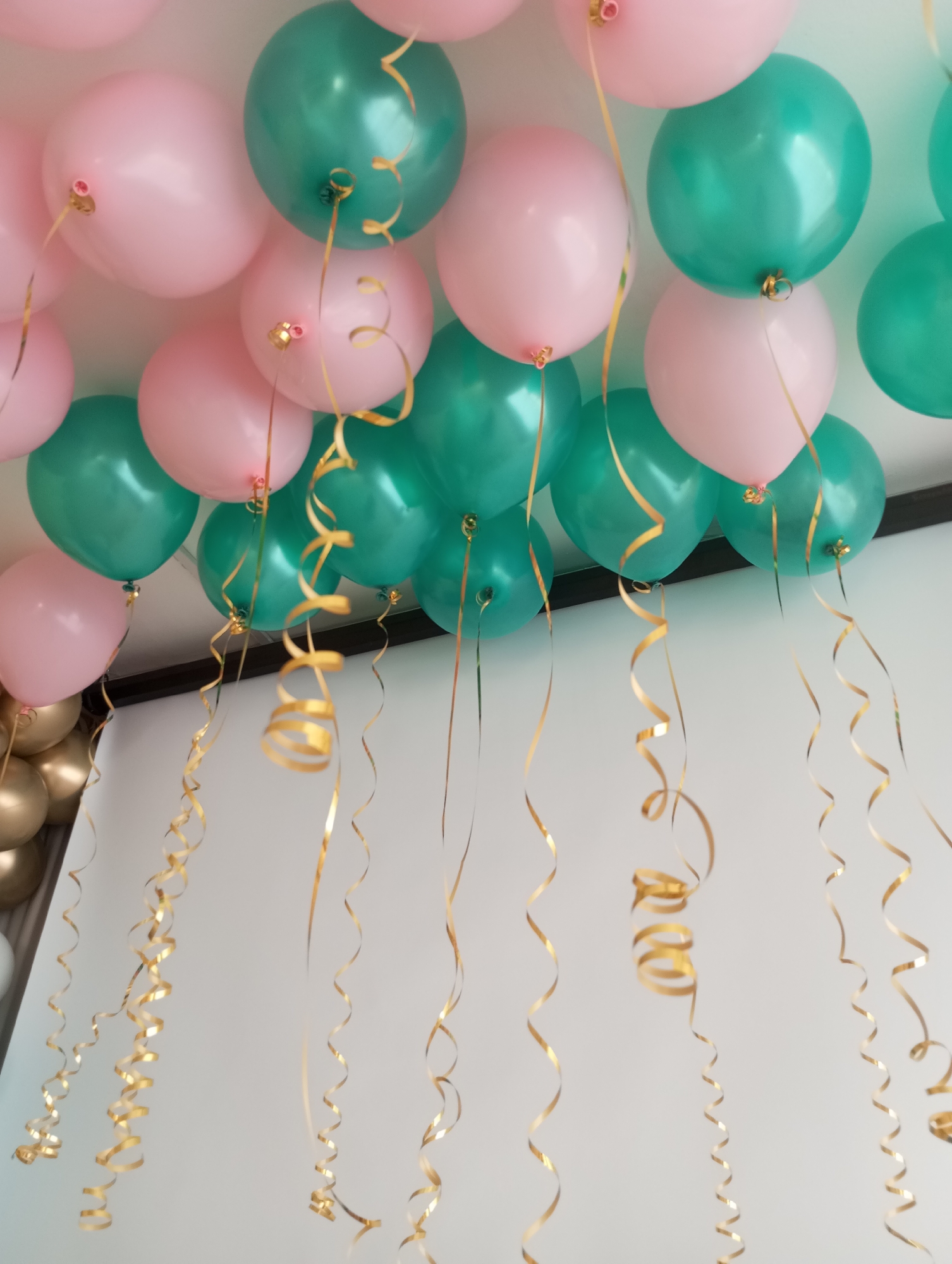 The image shows a festive interior decorated with a mix of pink and teal balloons attached to the ceiling with gold ribbons dangling down. The balloons are clustered together, creating a dense canopy overhead. The background is a plain, white wall and ceiling, with a portion of another balloon arrangement (gold and white) visible in the lower left corner. The scene appears to be indoors, possibly a party or celebration setting. There is no indication of the location being Izhevsk, Russia, or any city. No people are visible in the photograph.