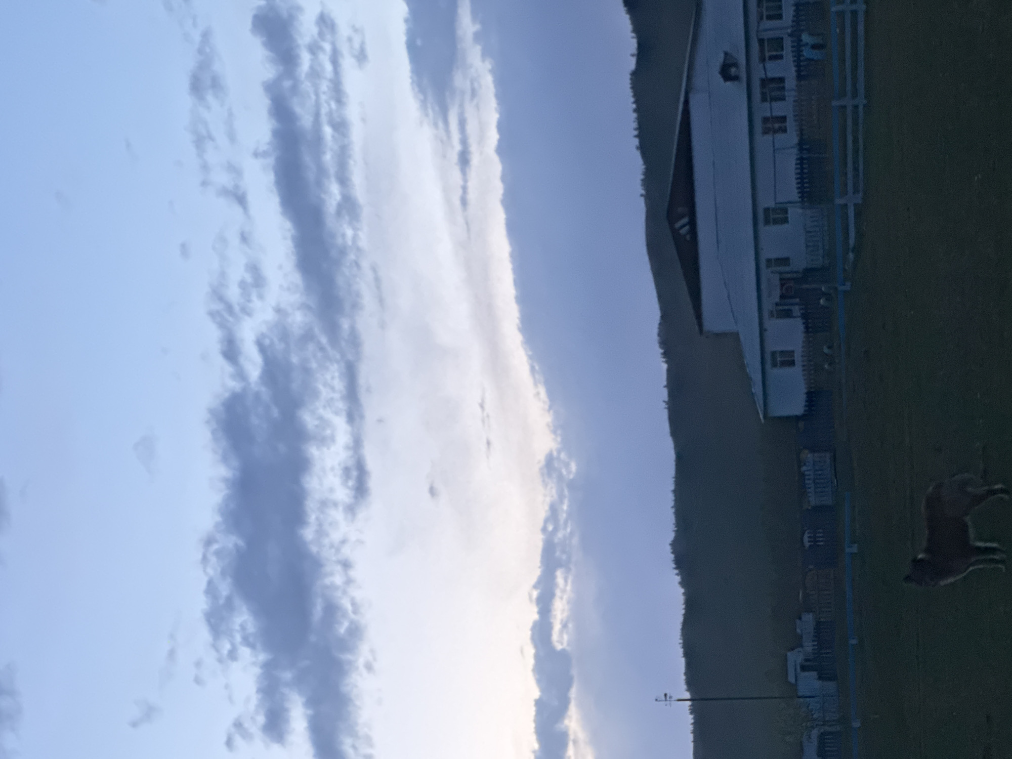 The image shows a landscape in Нижний Бургалтай, Russia. The sky takes up a large portion of the image, filled with clouds and a gradient of blues. A mountain range runs horizontally across the middle of the image, with trees and other vegetation covering the land. A light-colored, multi-story building with a white fence sits on the right side of the image, adjacent to a green grassy area. A brown animal, possibly a dog or calf, is visible in the lower right corner. A utility pole is also visible near the center, at the base of the mountain range.