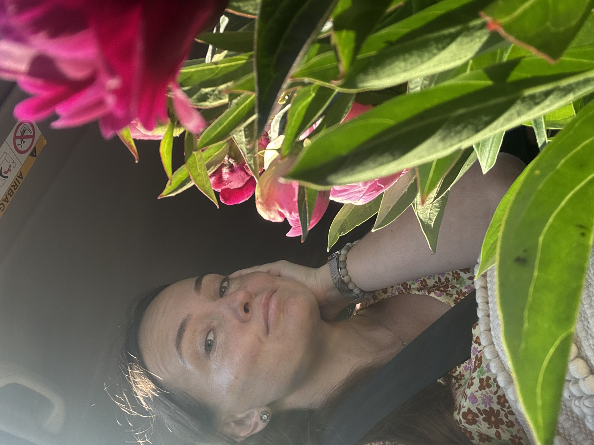 A woman is captured in a selfie taken inside a vehicle, with a bouquet of vibrant pink peonies prominently placed in the foreground. Sunlight streams in from the right, illuminating the woman's face, which is tilted slightly downwards as she rests her cheek on her hand. She is wearing a floral print dress and a seatbelt, suggesting she is in the passenger seat of a moving car. The background is dark and blurred, with a hint of an airbag warning sticker visible on the upper left. The overall impression is a candid and somewhat ethereal moment, with the soft focus on the flowers creating a dreamy effect. The specific location in Chaikovsky, Russia, is not evident from the visual cues.