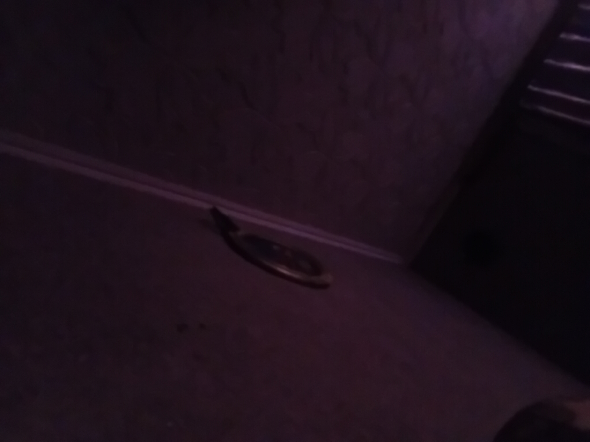 A circular object, possibly a bell or a medal, hangs from a surface with a textured appearance. The lighting in the scene is dim and predominantly purplish. The bottom portion of the image is dark, with some vertical lines visible. A blurred profile of a person's head is visible on the left side of the frame. The scene appears to be indoors. There is no information in the image to determine its location in Verkhniachka, Ukraine.