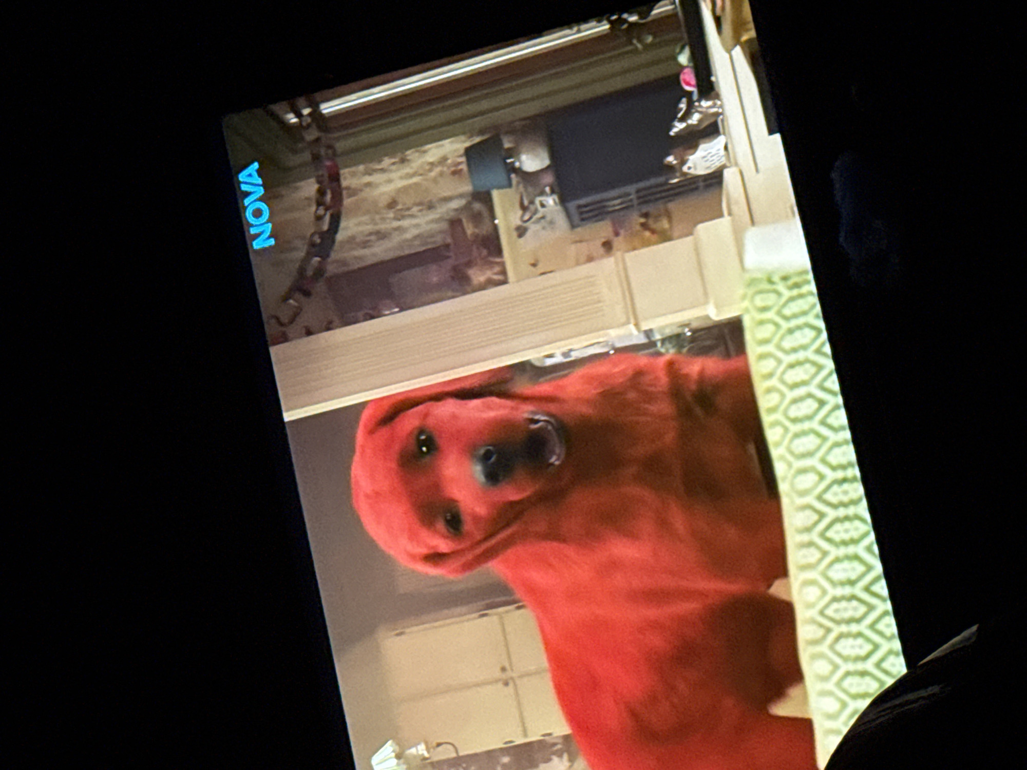The image displays a photograph of a television screen from an oblique angle, depicting a scene from what appears to be the movie "Clifford the Big Red Dog." The primary subject is a large, CGI-rendered red Labrador Retriever-type dog positioned prominently in the center-left. The dog has its mouth slightly open and is looking directly forward.
The background on the screen reveals an interior room. To the left of the dog, a light-colored wall with a set of double doors or cabinet doors is visible, along with a portion of a wall-mounted light fixture above the dog's head. To the right of the dog, the room features patterned wallpaper, a white architectural column or pillar, and a dark cabinet or side table with a lamp that has a dark shade and a light-colored base. Further right, a green curtain or drape is visible, and on a surface in the lower right background, there are decorative objects, including metallic animal figurines and a pink item.
In the upper right corner of the screen, a bright blue "NOVA" logo is displayed, indicating the television channel. The bottom left foreground of the image is partially obscured by a dark, amorphous shape, likely the shoulder or arm of a person observing the screen.
The image itself contains no visual markers or identifiable landmarks that would indicate the specific city of Stryama, Bulgaria. The presence of the "NOVA" channel logo, a Bulgarian television broadcaster, suggests the viewing location may be in Bulgaria.