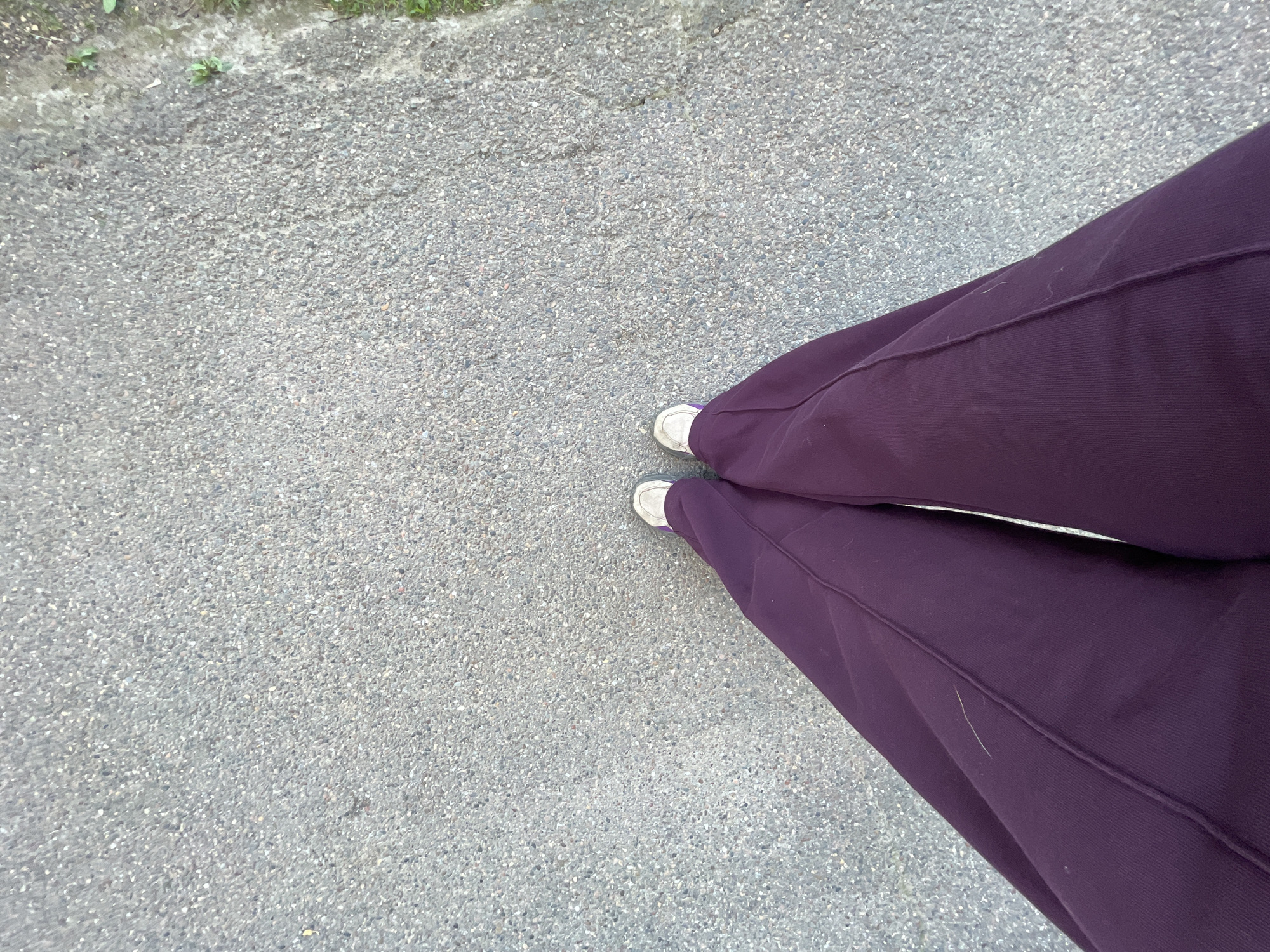 The image shows a person standing on asphalt. The person is wearing purple sweatpants and white sneakers. The location appears to be outdoors on a paved surface. There is vegetation visible in the upper left corner. The city of Zheleznogorsk, Russia cannot be confirmed by the details in the image.