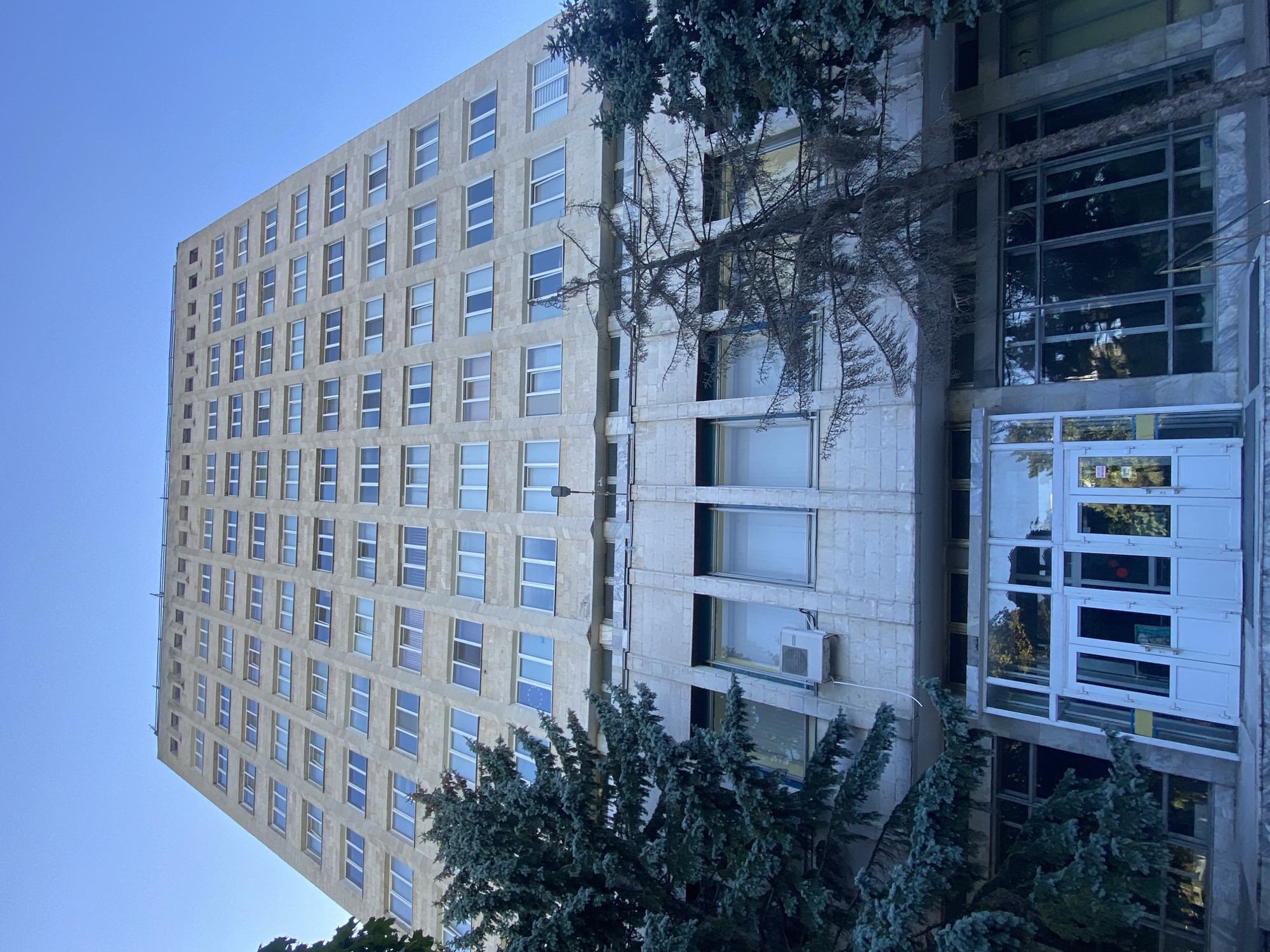 This is a low-angle, full-shot, eye-level, outdoor, daylight, urban, architectural photograph taken in Chișinău, Moldova. The focal point is a tall, rectangular, Brutalist-style building with a facade of light-colored, textured stone blocks. The building has numerous rows of identical windows, most of which appear to be closed. On the lower section of the building, there is a glass entrance with white doors, flanked by large windows. Trees, including two prominent evergreen trees, partially obscure the view of the building, with one tree appearing dead and starkly contrasting with the other lush evergreen. The sky above is clear and blue. The image captures a utilitarian, somewhat aged urban structure under a bright sky.